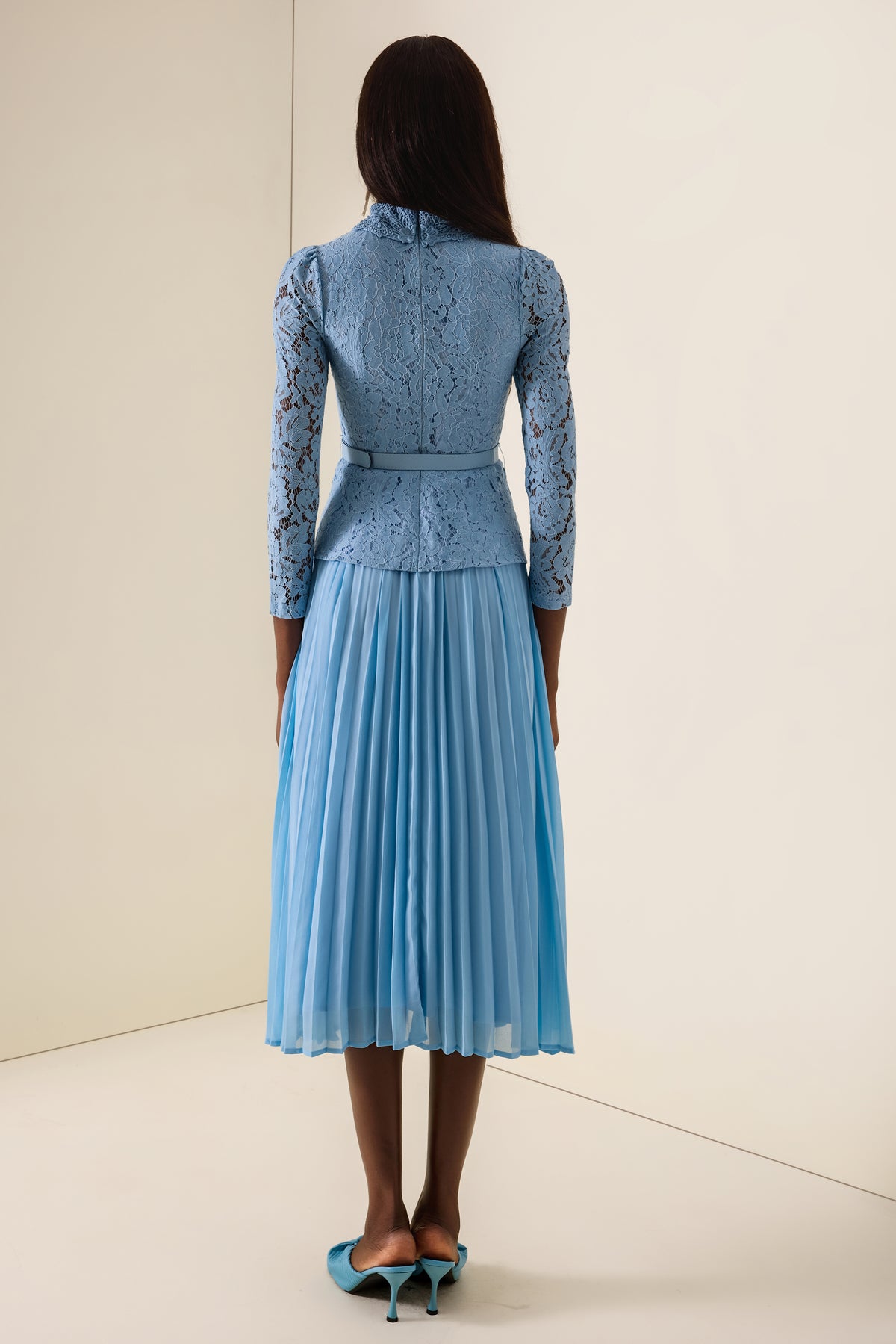 Lace Button Pleated Midi Dress