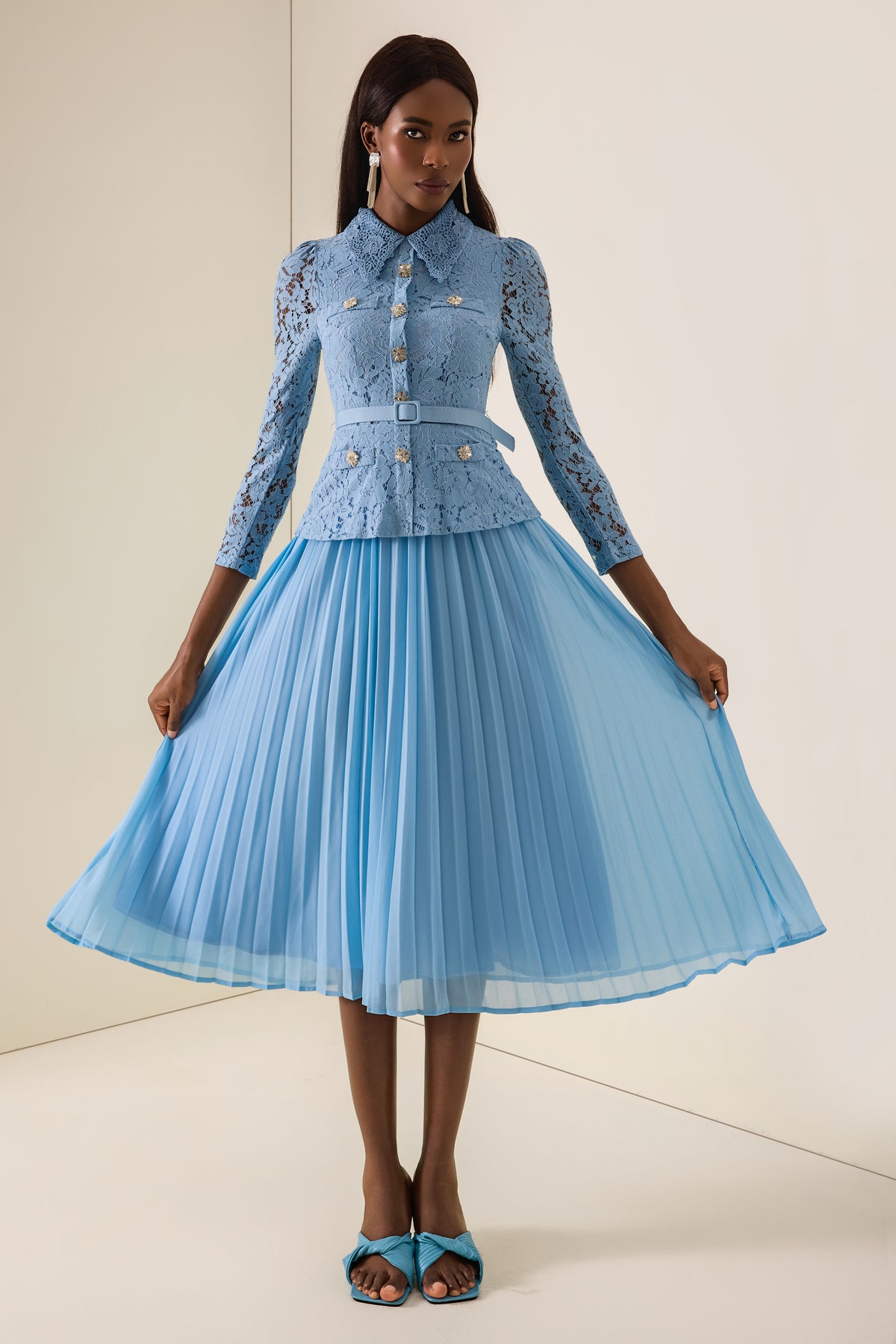 Lace Button Pleated Midi Dress