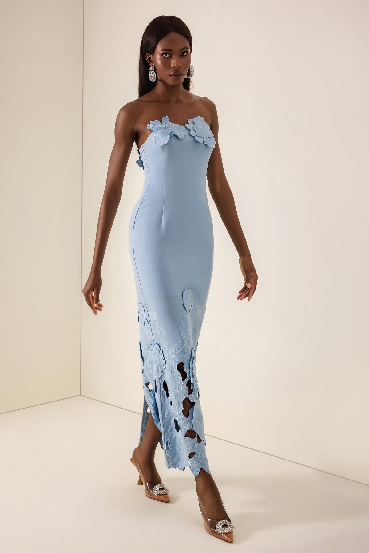 Off-Shoulder Floral Appliquéd Midi Dress
