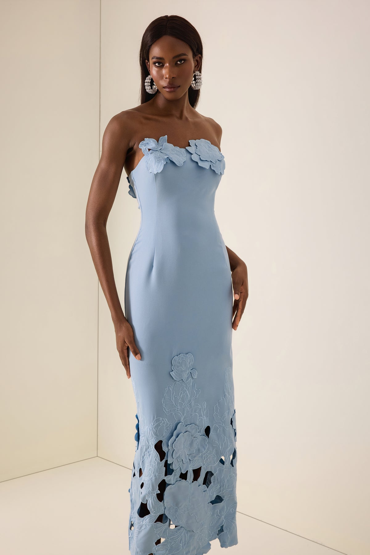 Off-Shoulder Floral Appliquéd Midi Dress