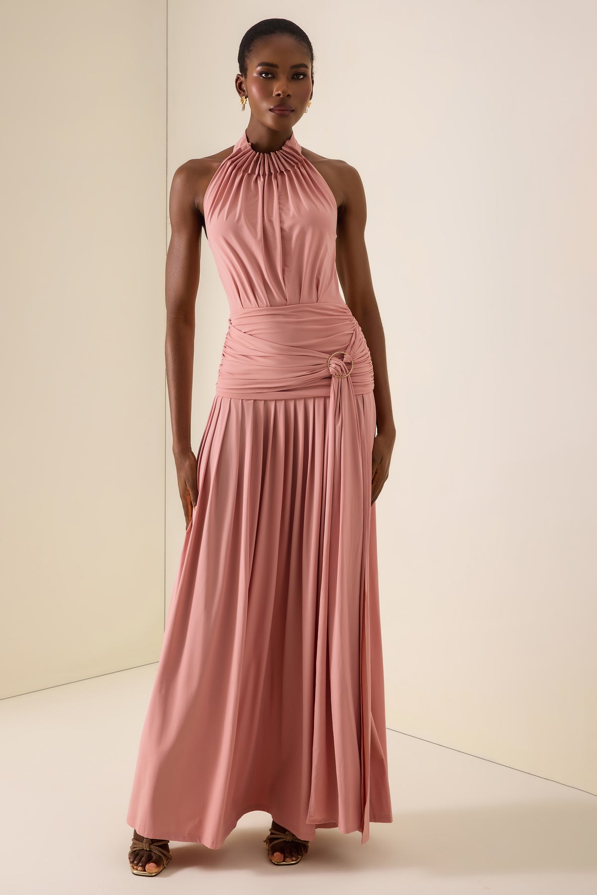 Solid Halter Neck Gathering Maxi Dress