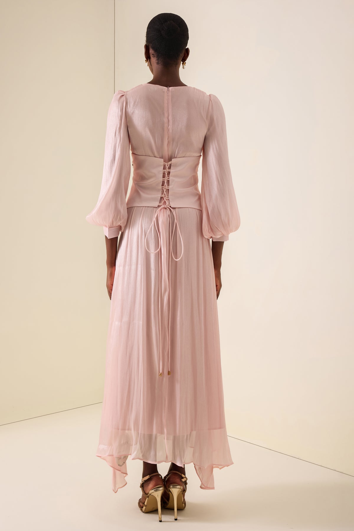 Satin Rhinestone Rivets Lantern Sleeve Maxi Dress