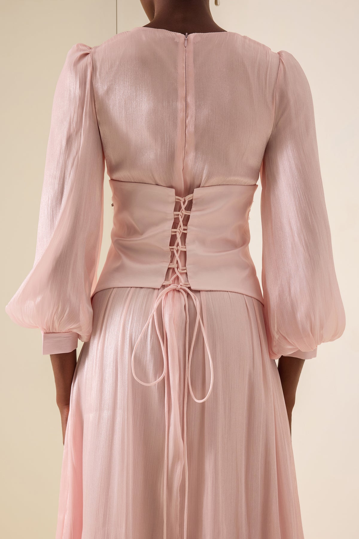 Satin Rhinestone Rivets Lantern Sleeve Maxi Dress