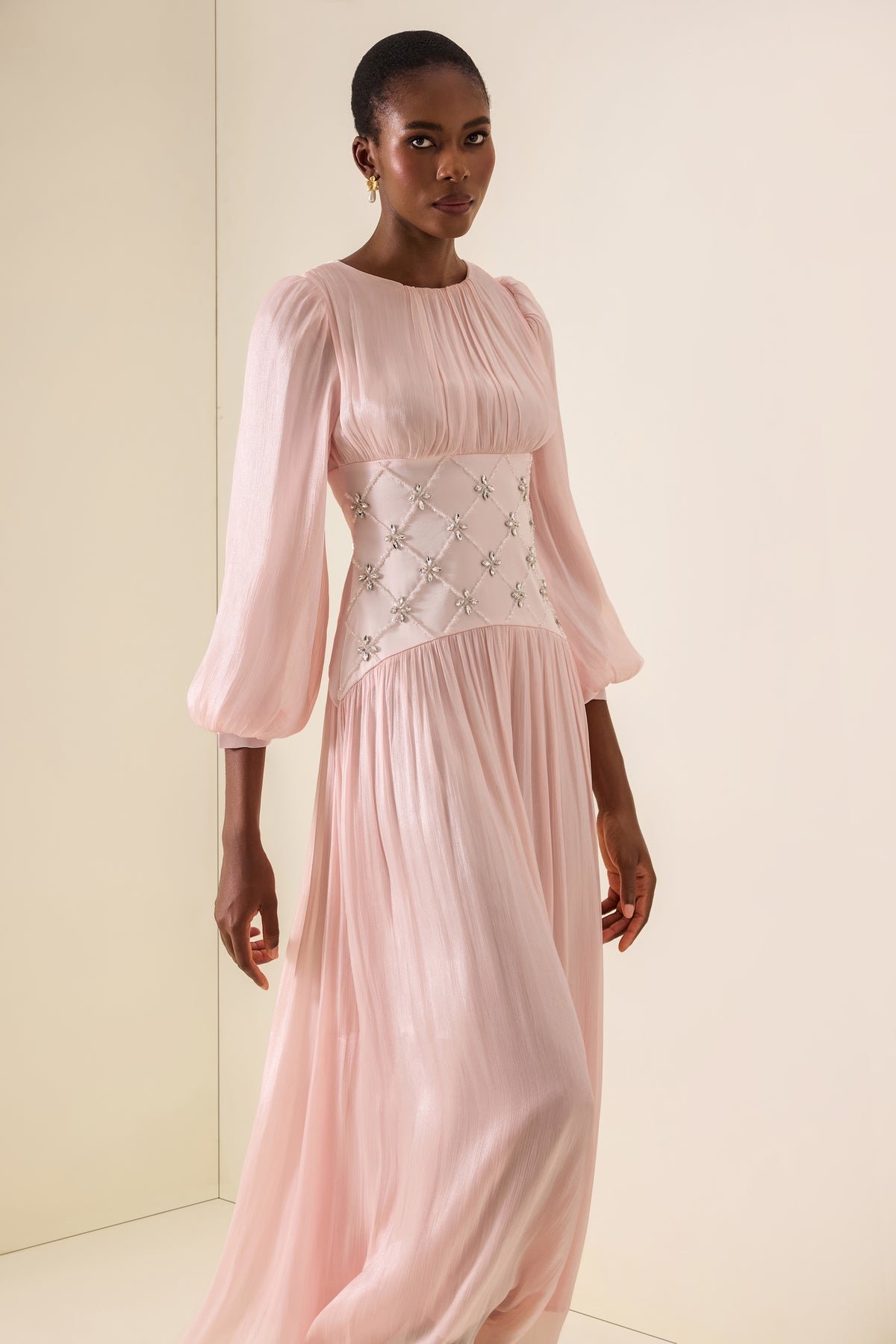 Satin Rhinestone Rivets Lantern Sleeve Maxi Dress