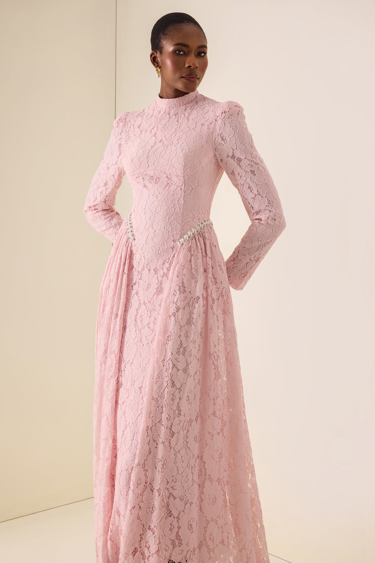Lace Rivet Long Sleeve Maxi Dress