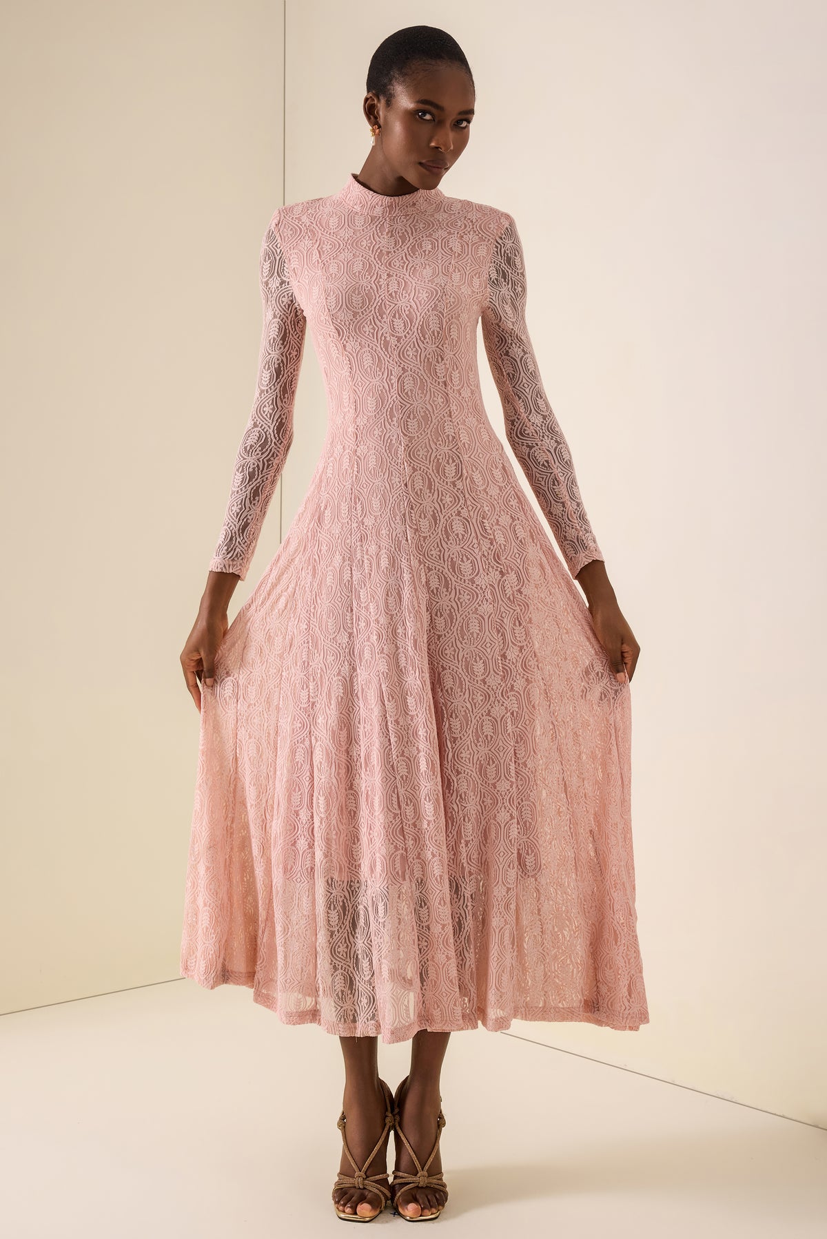 Lace Stand Collar Long Sleeve Midi Dress
