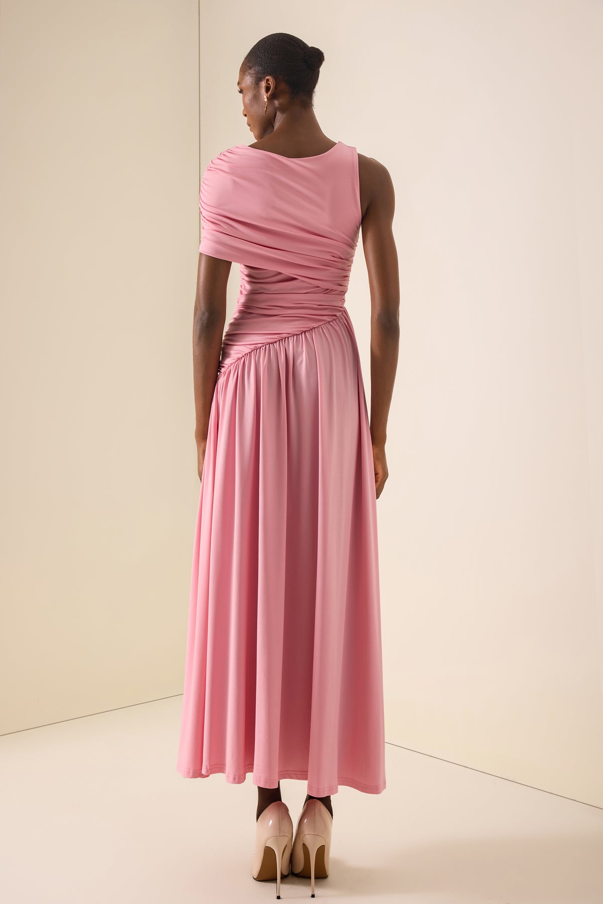 Solid Ruched Asymmetric Maxi Dress