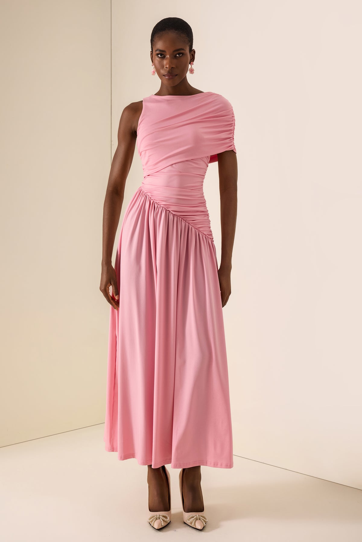 Solid Ruched Asymmetric Maxi Dress