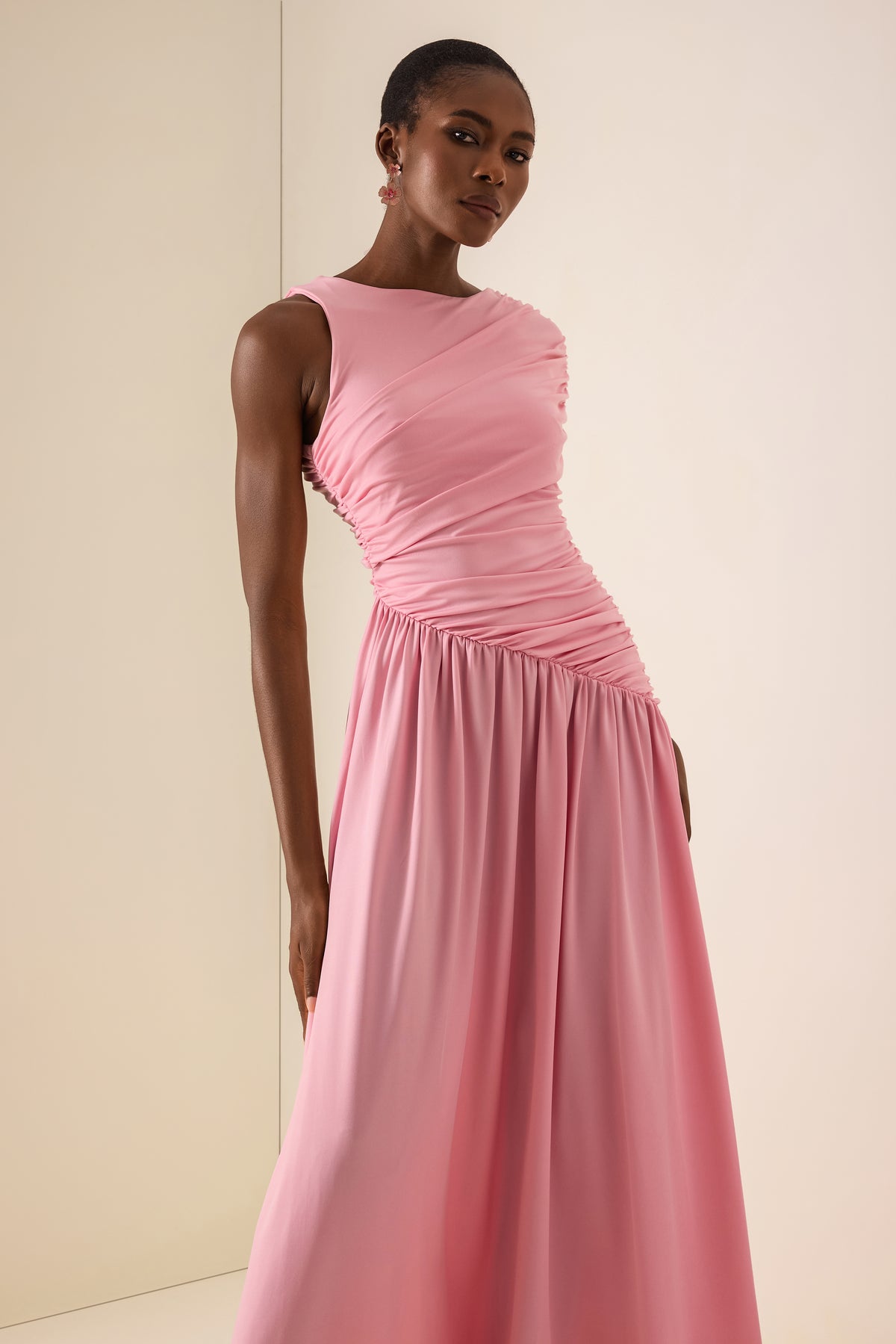 Solid Ruched Asymmetric Maxi Dress