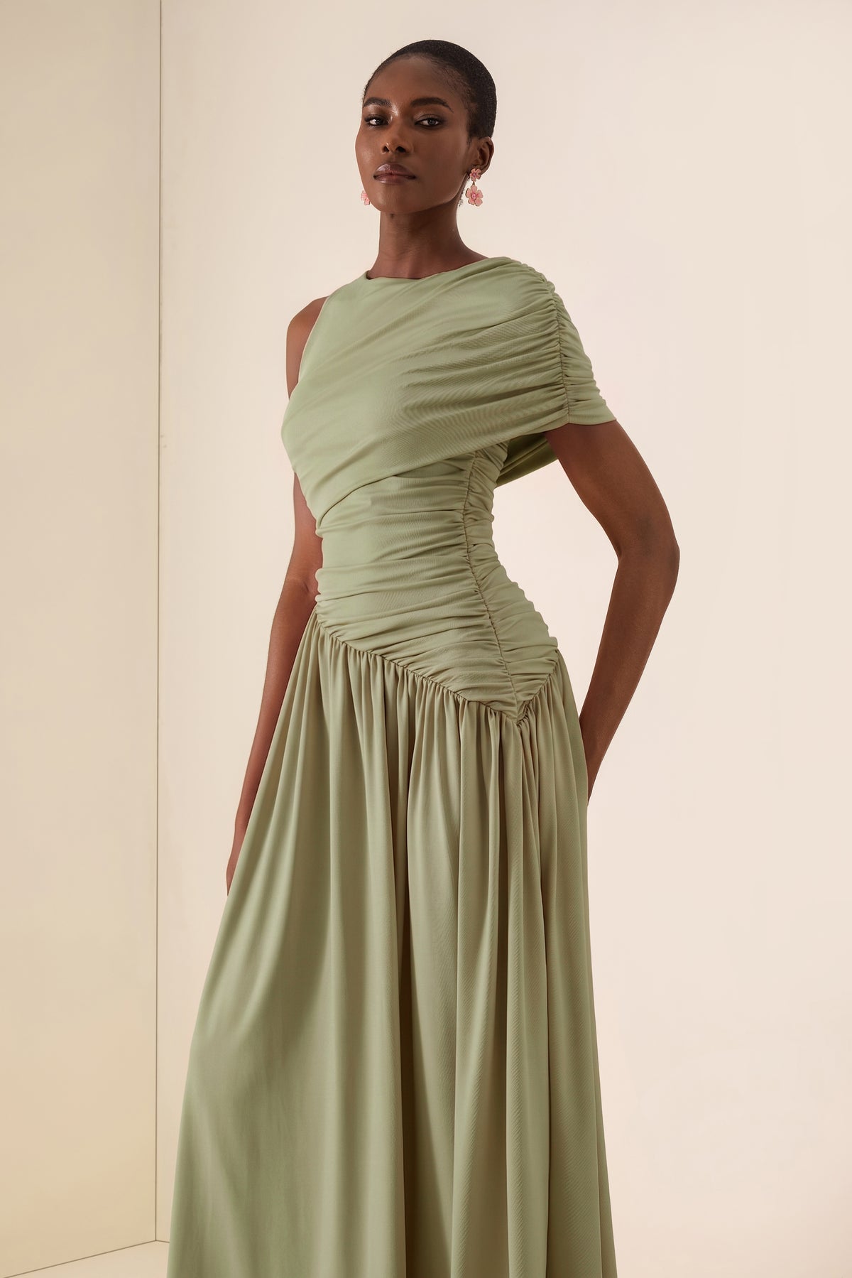 Solid Ruched Asymmetric Maxi Dress