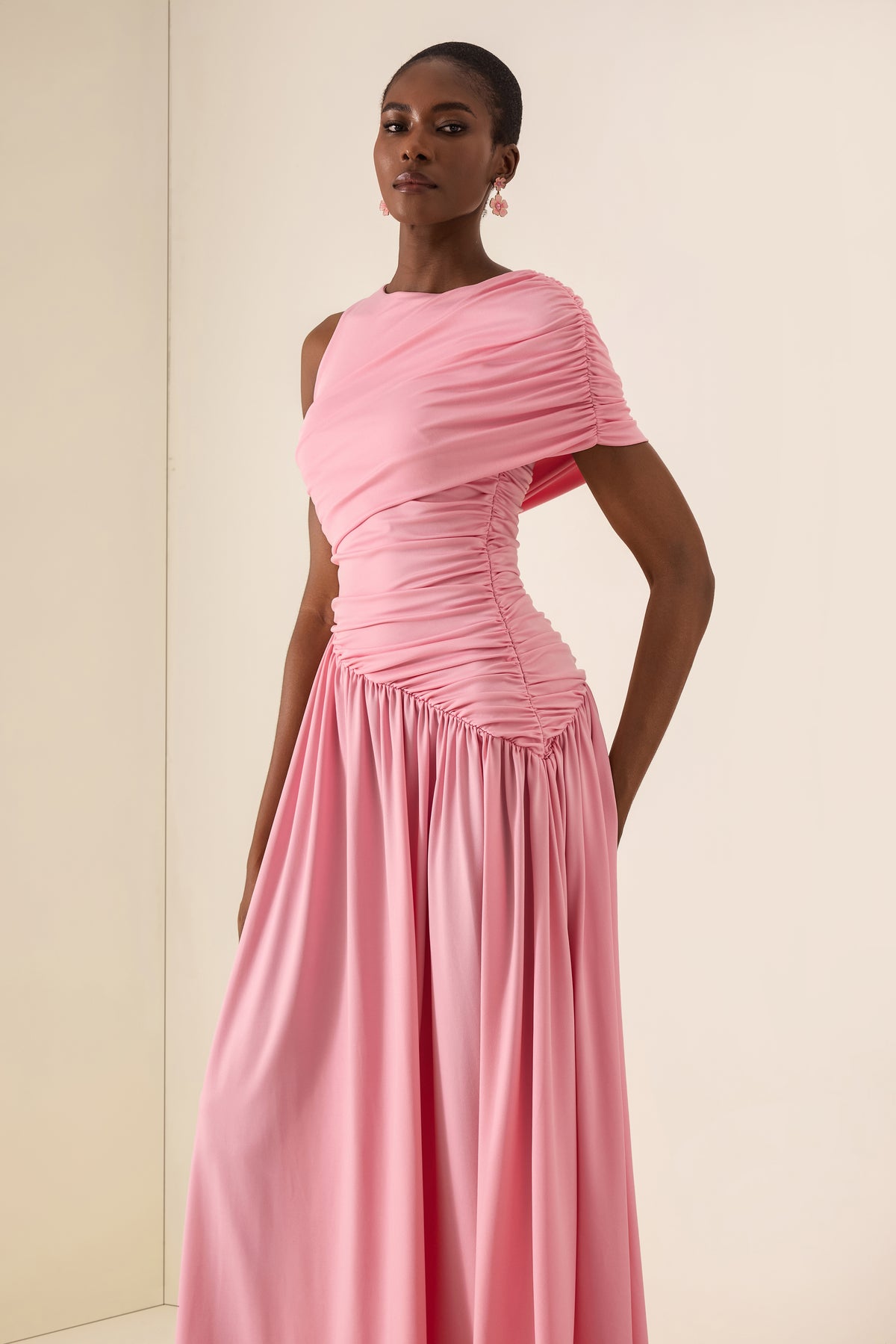 Solid Ruched Asymmetric Maxi Dress
