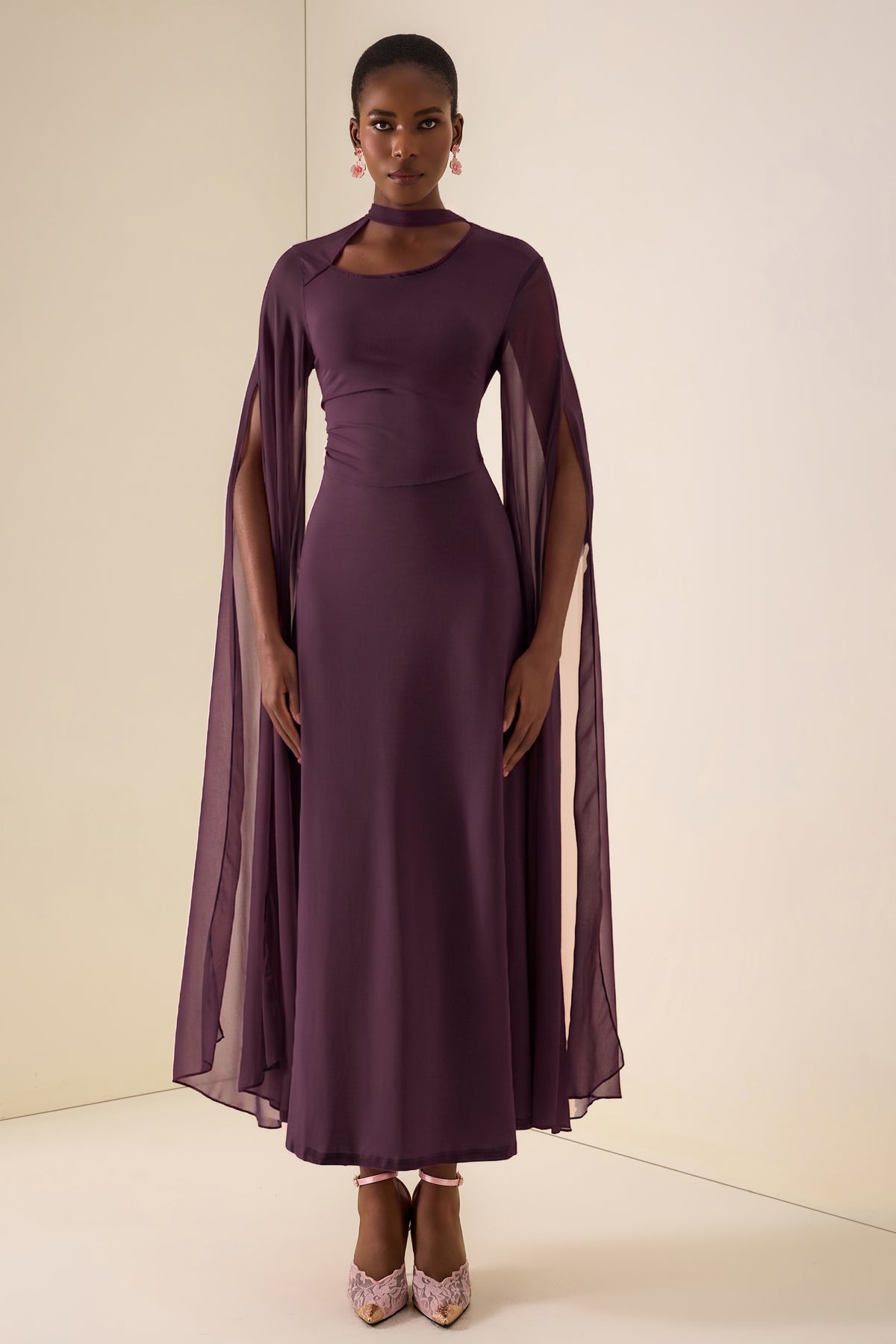 Solid Cut-Out Cape Sleeve Midi Dress