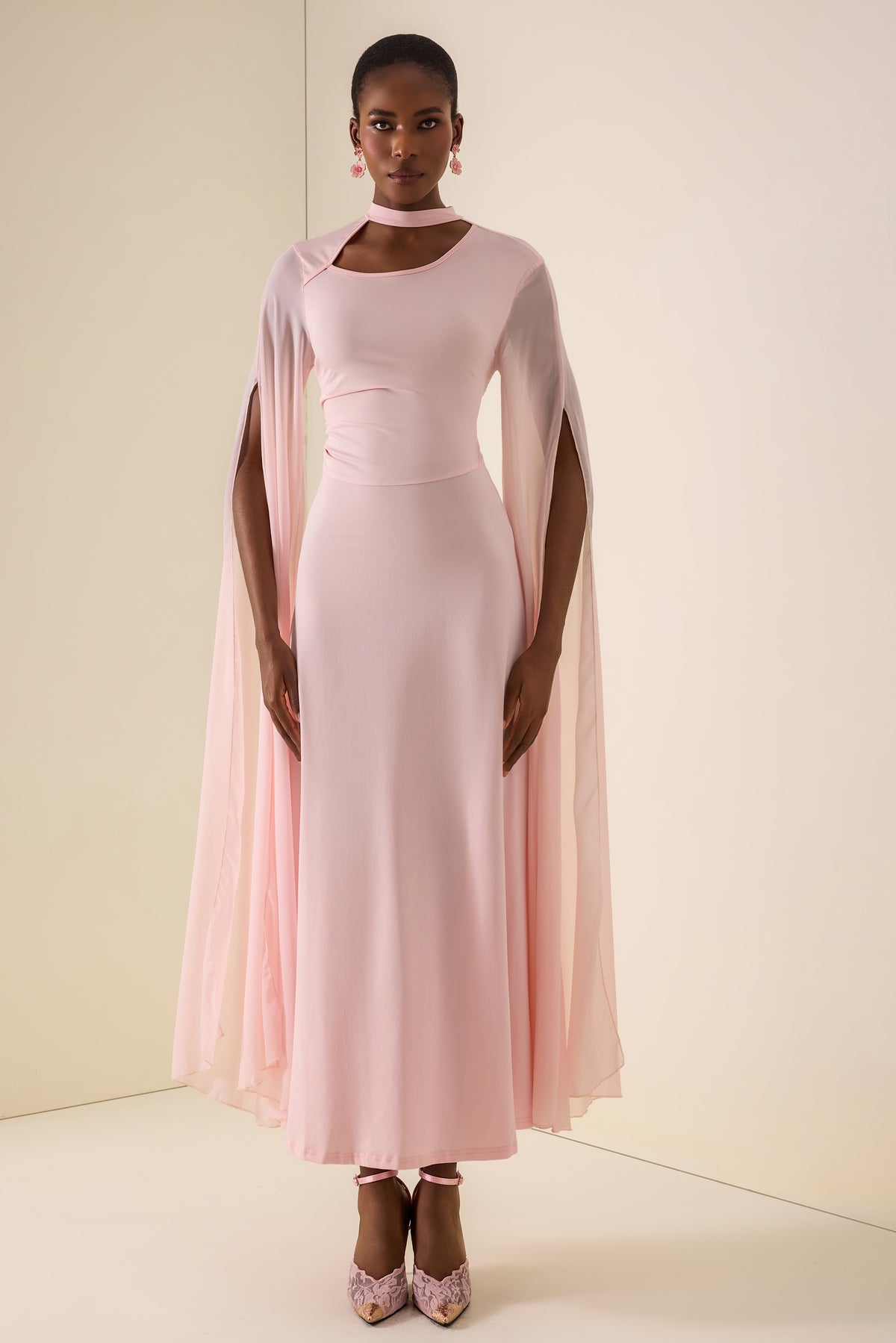 Solid Cut-Out Cape Sleeve Midi Dress