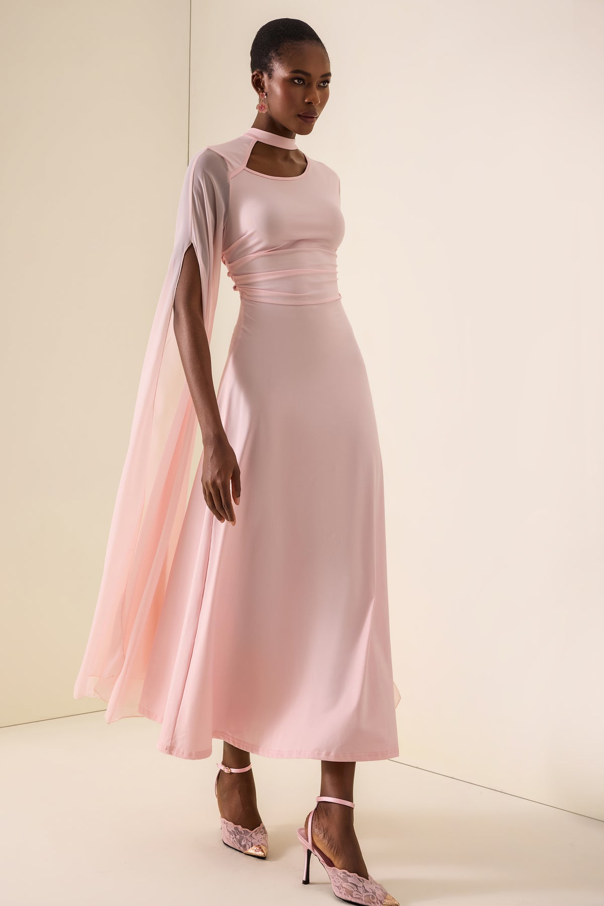 Solid Cut-Out Cape Sleeve Midi Dress