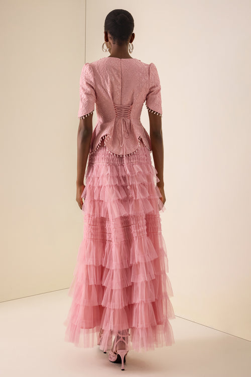 3D Flower Beaded Round Neck Top & Midi Skirt Set