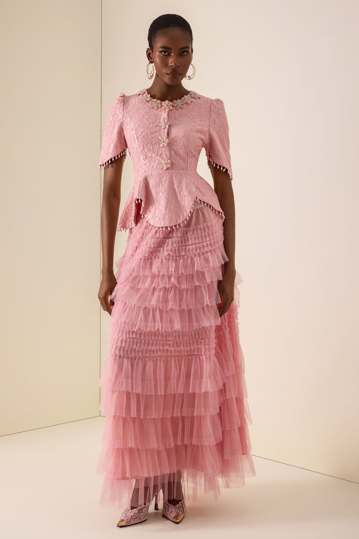 3D Flower Beaded Round Neck Top & Midi Skirt Set