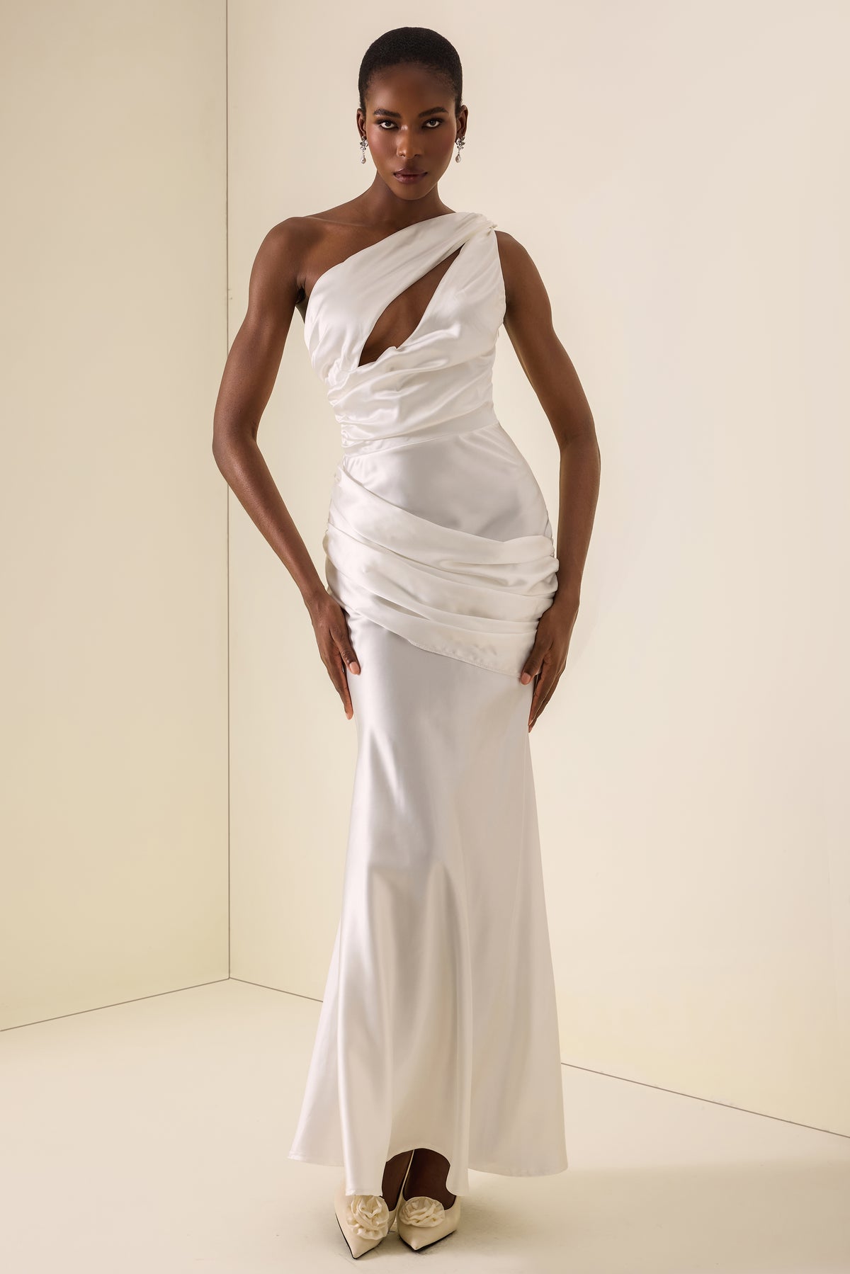 One Shoulder Cut-Out Pleated Maxi Dress