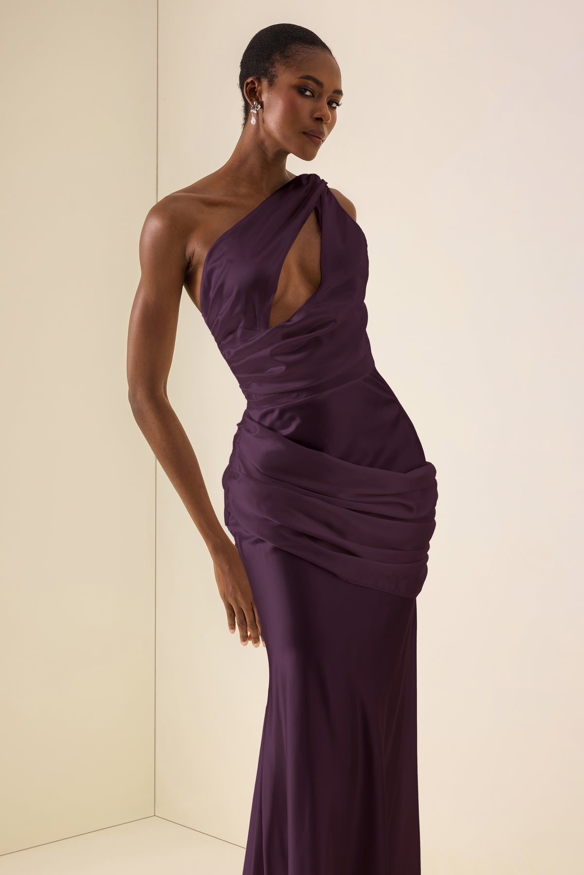 One Shoulder Cut-Out Pleated Maxi Dress