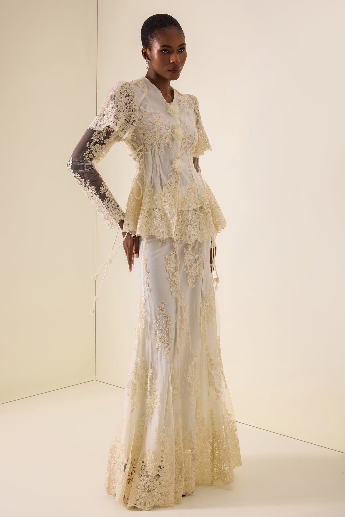 3D Flower Embroidered Top & Mid Waist Maxi Skirt Set