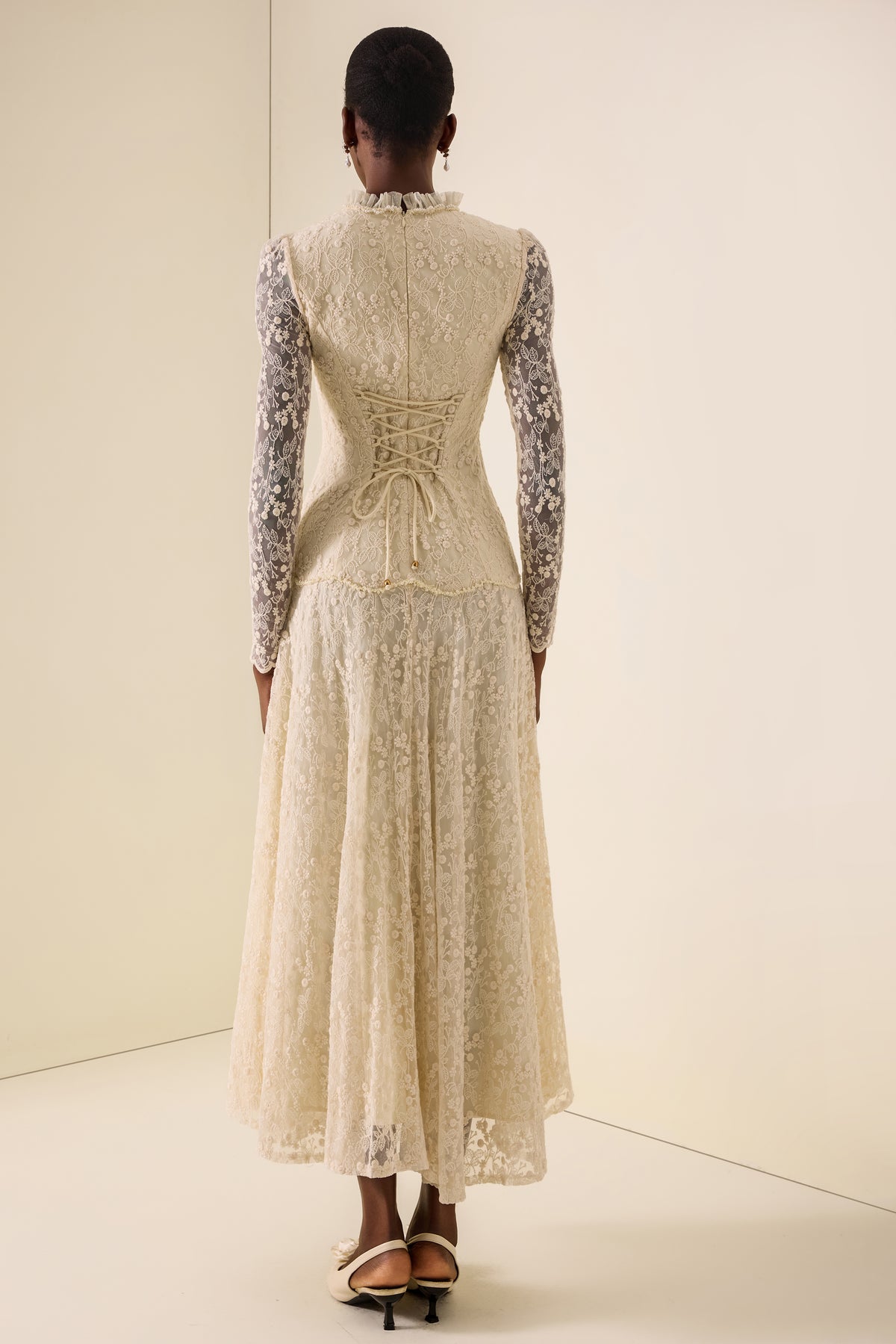 Lace Nail Bead Embroidery Stand Collar Midi Dress