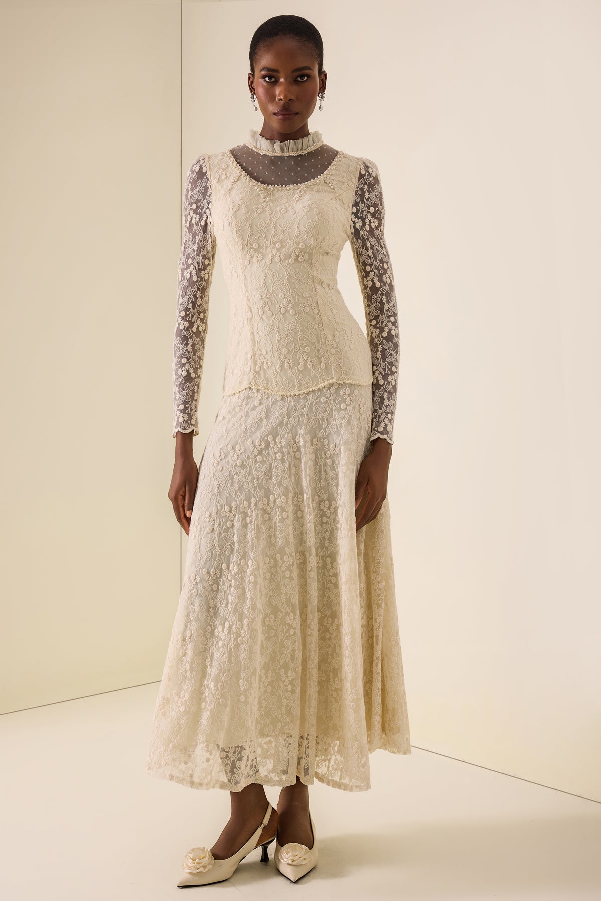 Lace Nail Bead Embroidery Stand Collar Midi Dress