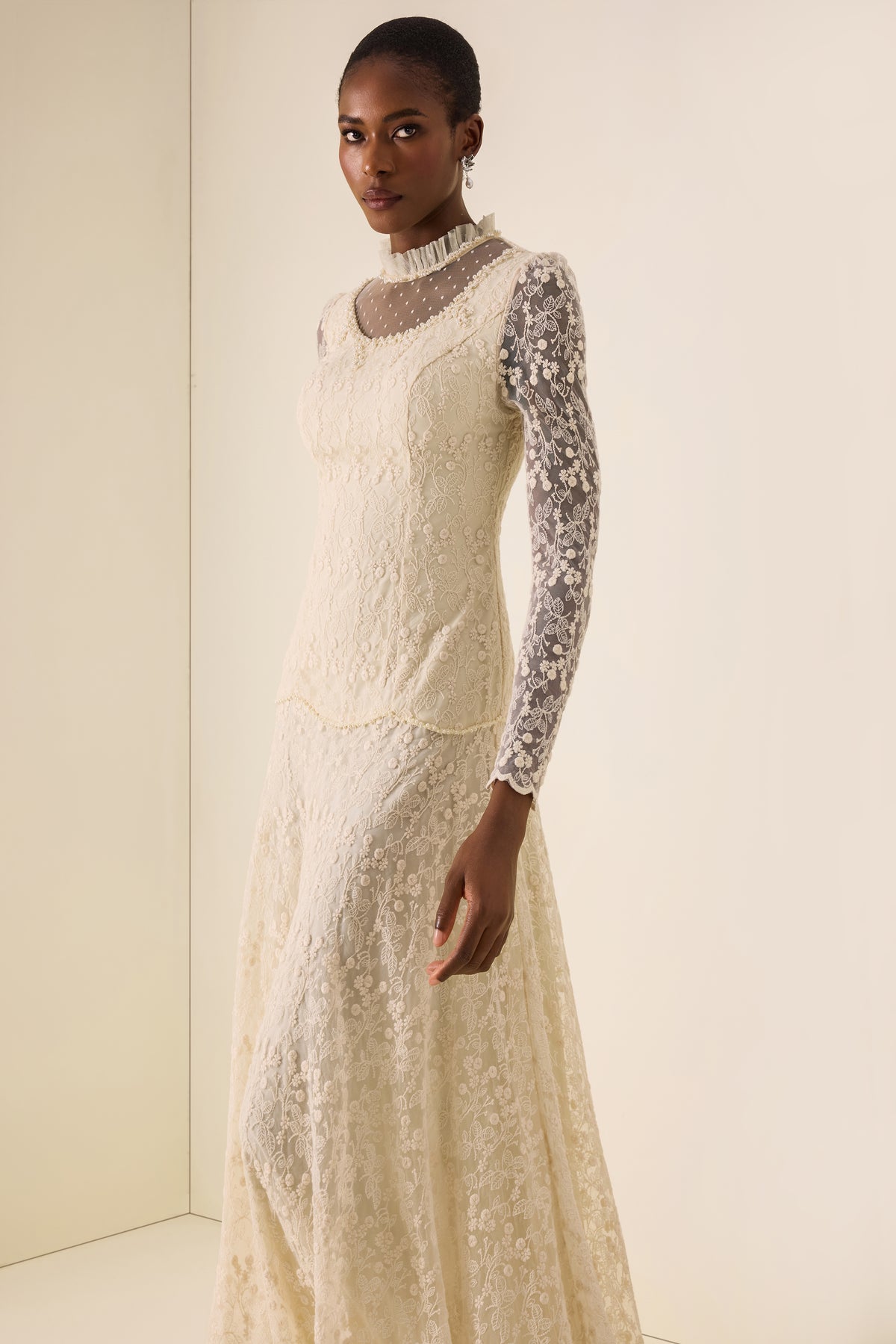Lace Nail Bead Embroidery Stand Collar Midi Dress