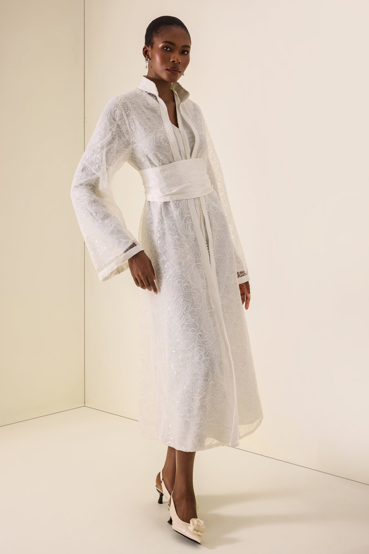 Sequin Lace Stand Collar Long Sleeve Maxi Dress