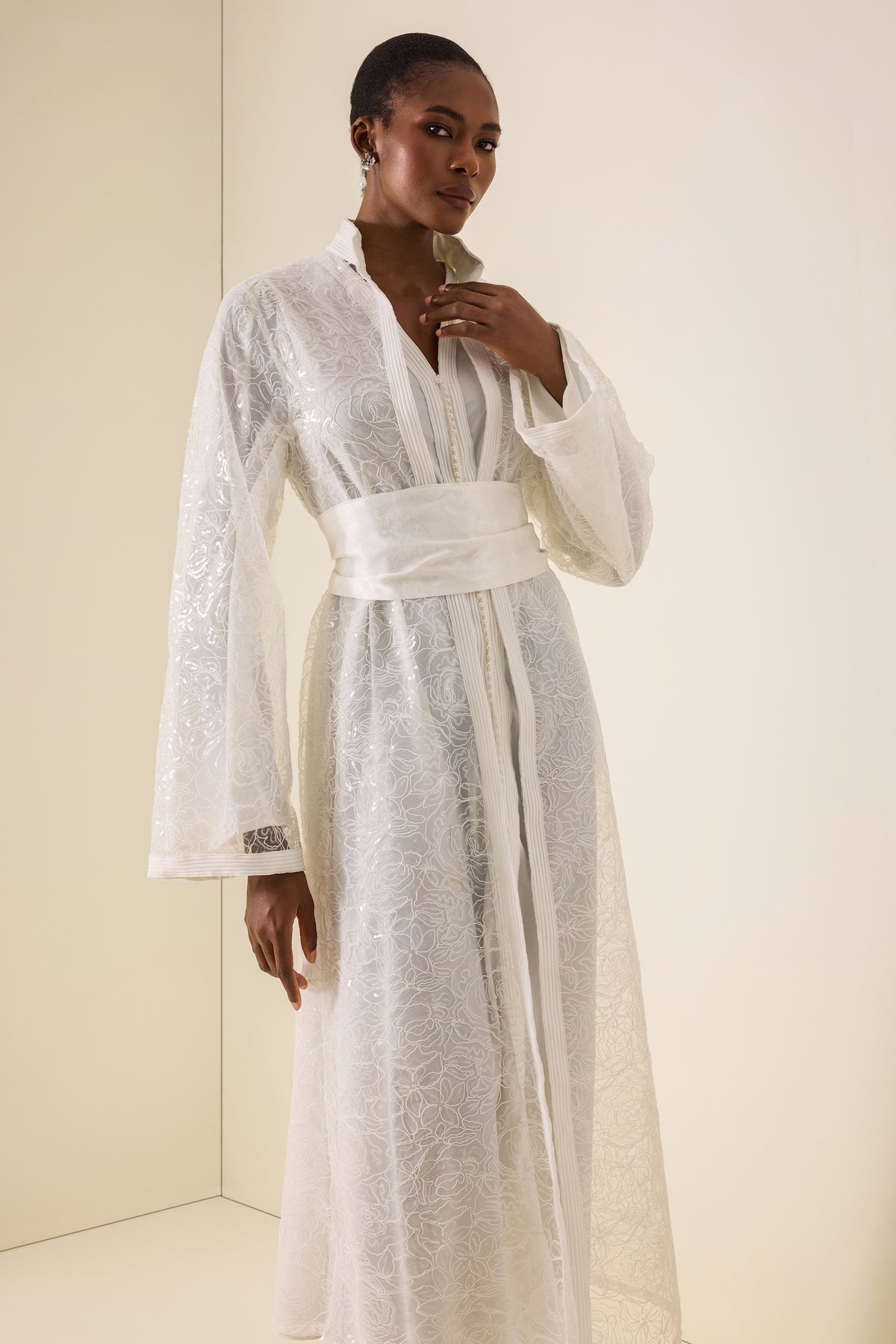 Sequin Lace Stand Collar Long Sleeve Maxi Dress