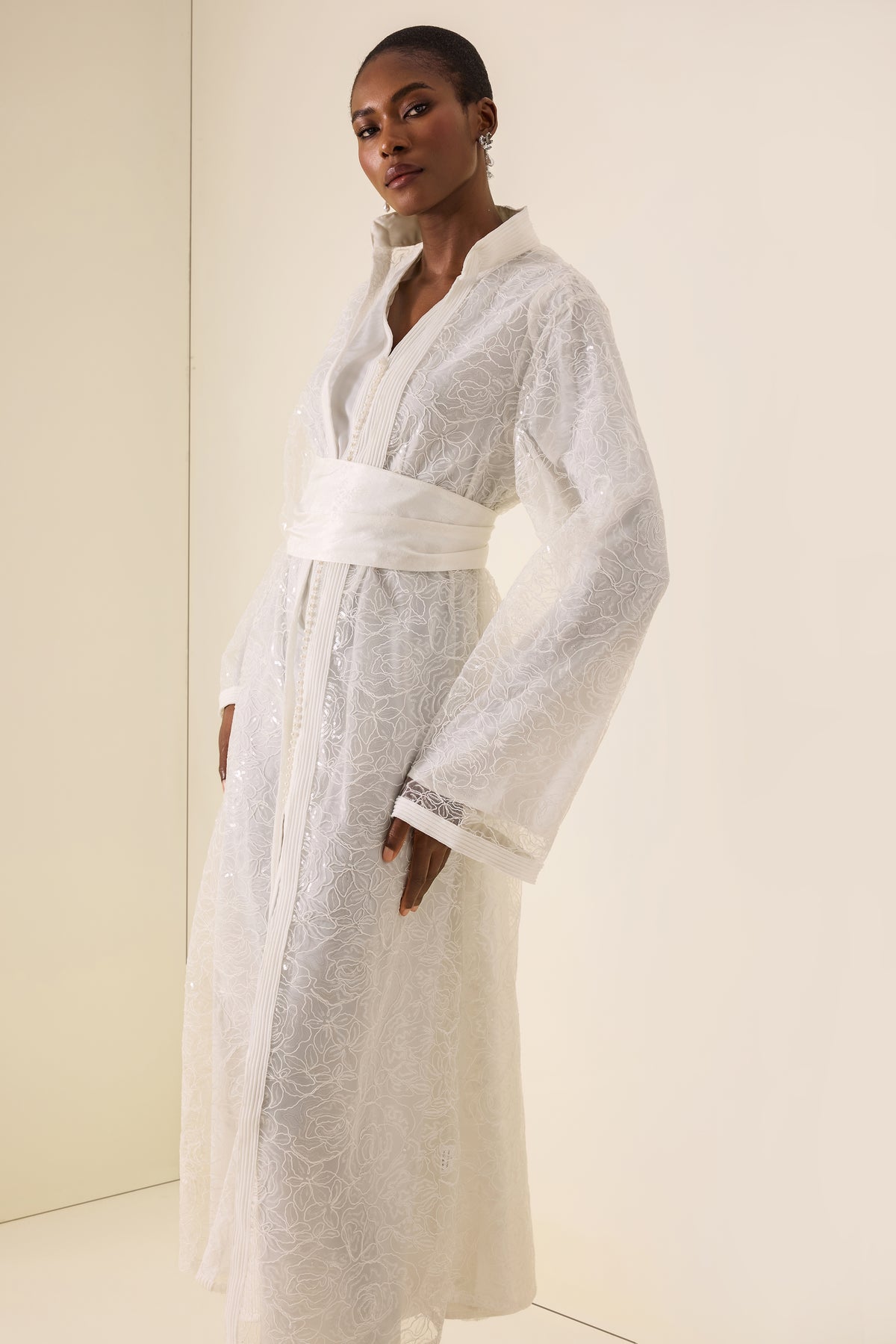 Sequin Lace Stand Collar Long Sleeve Maxi Dress