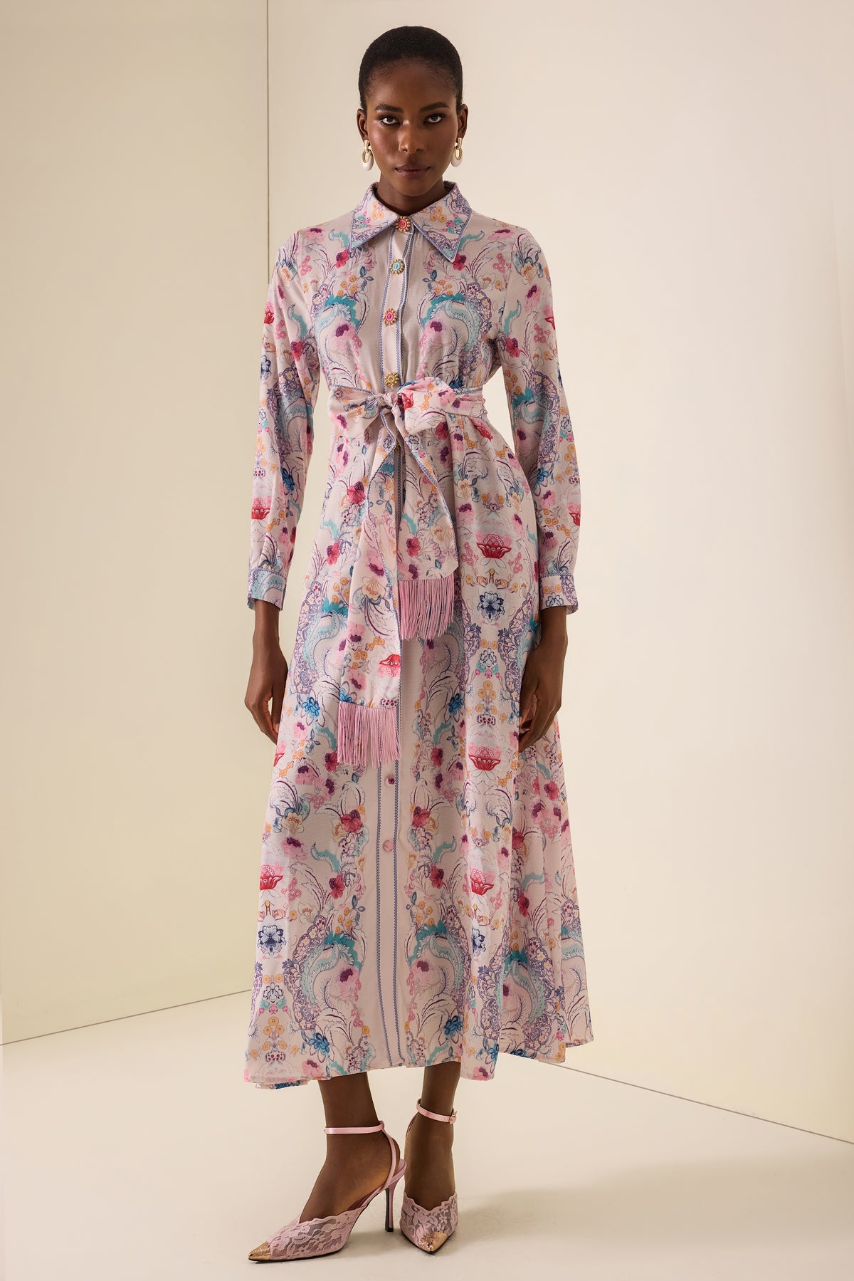 Paisley Print Tassel Button Midi Dress
