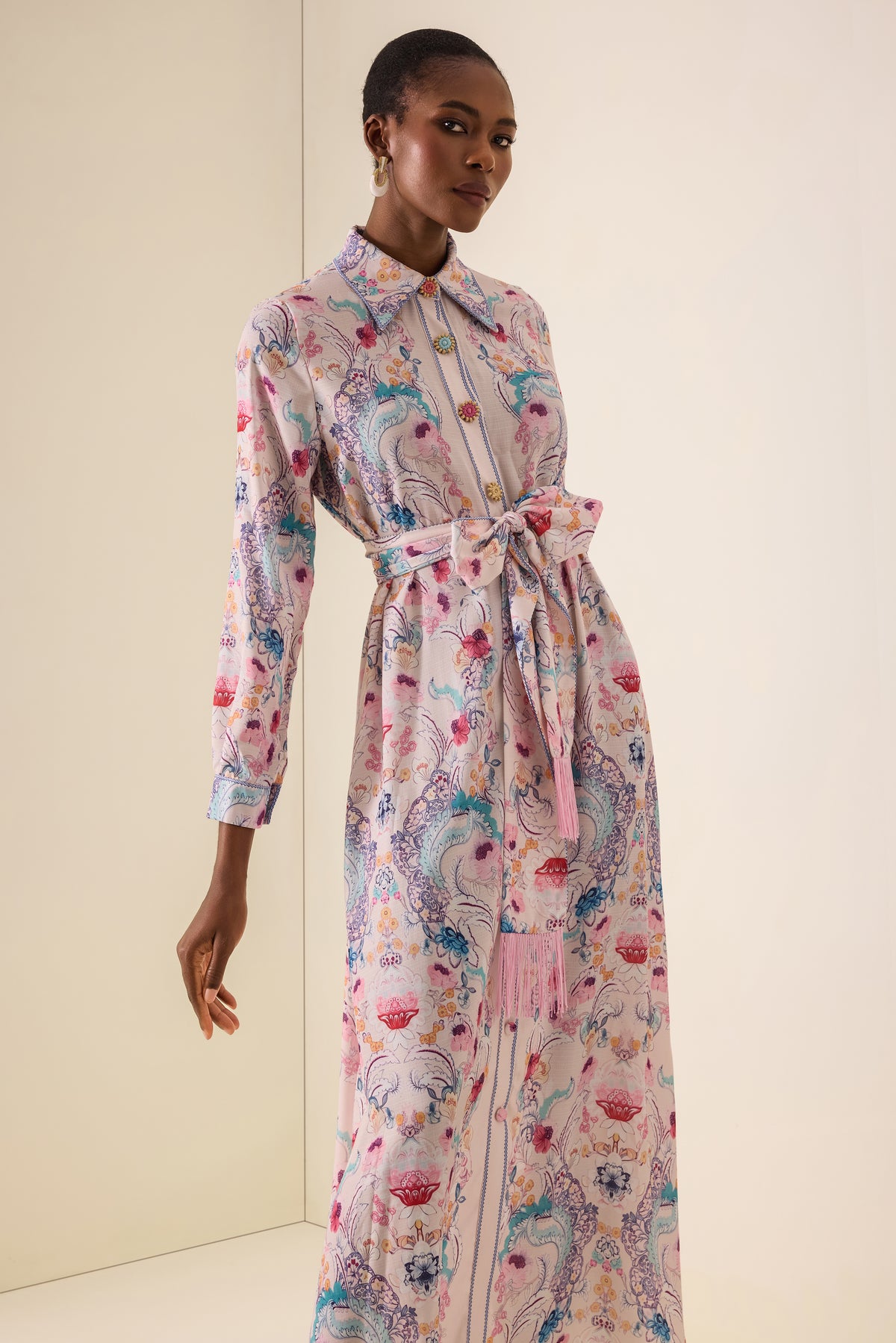 Paisley Print Tassel Button Midi Dress
