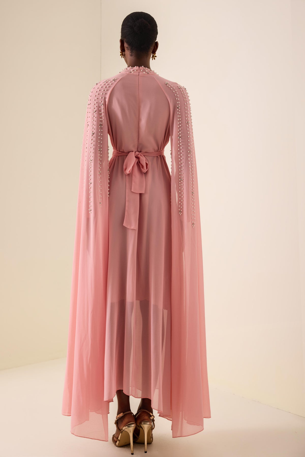 Faux Pearl Cape Sleeve Midi Dress With Belt