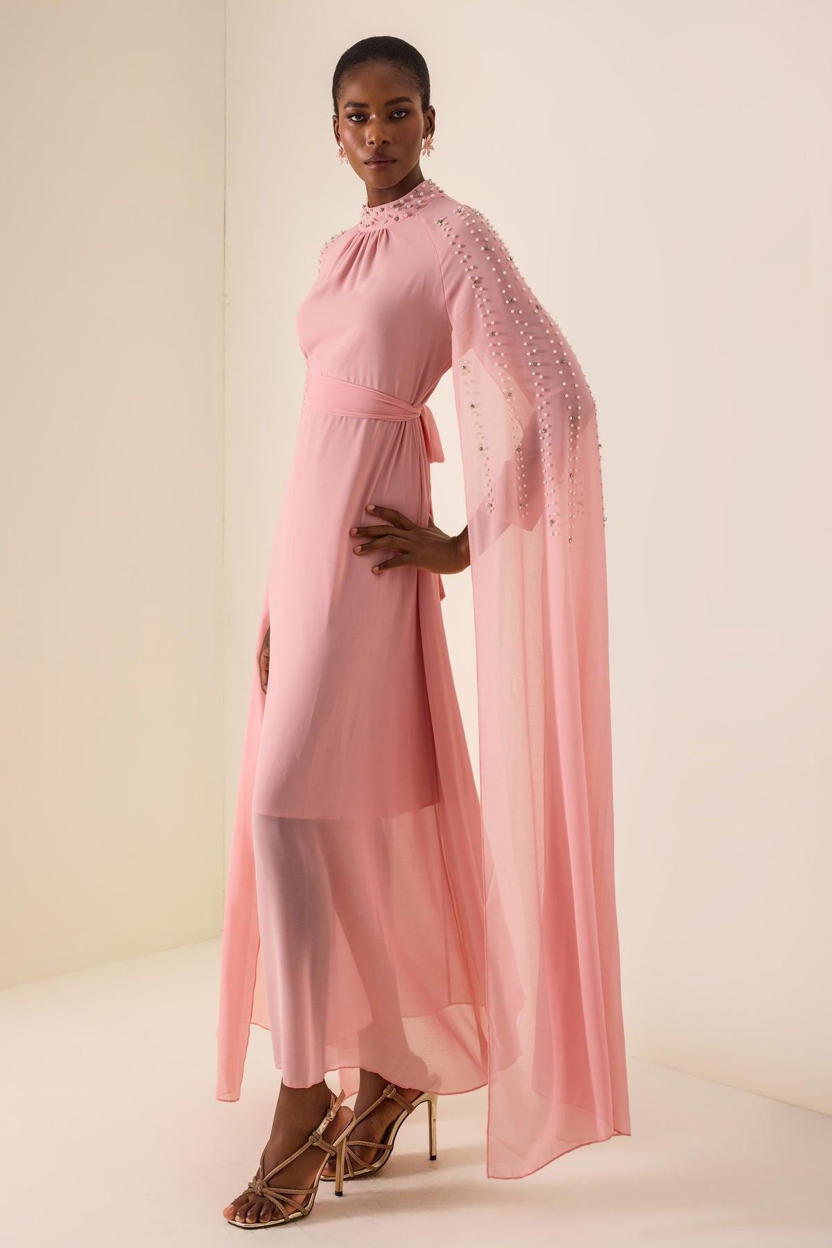 Faux Pearl Cape Sleeve Midi Dress With Belt