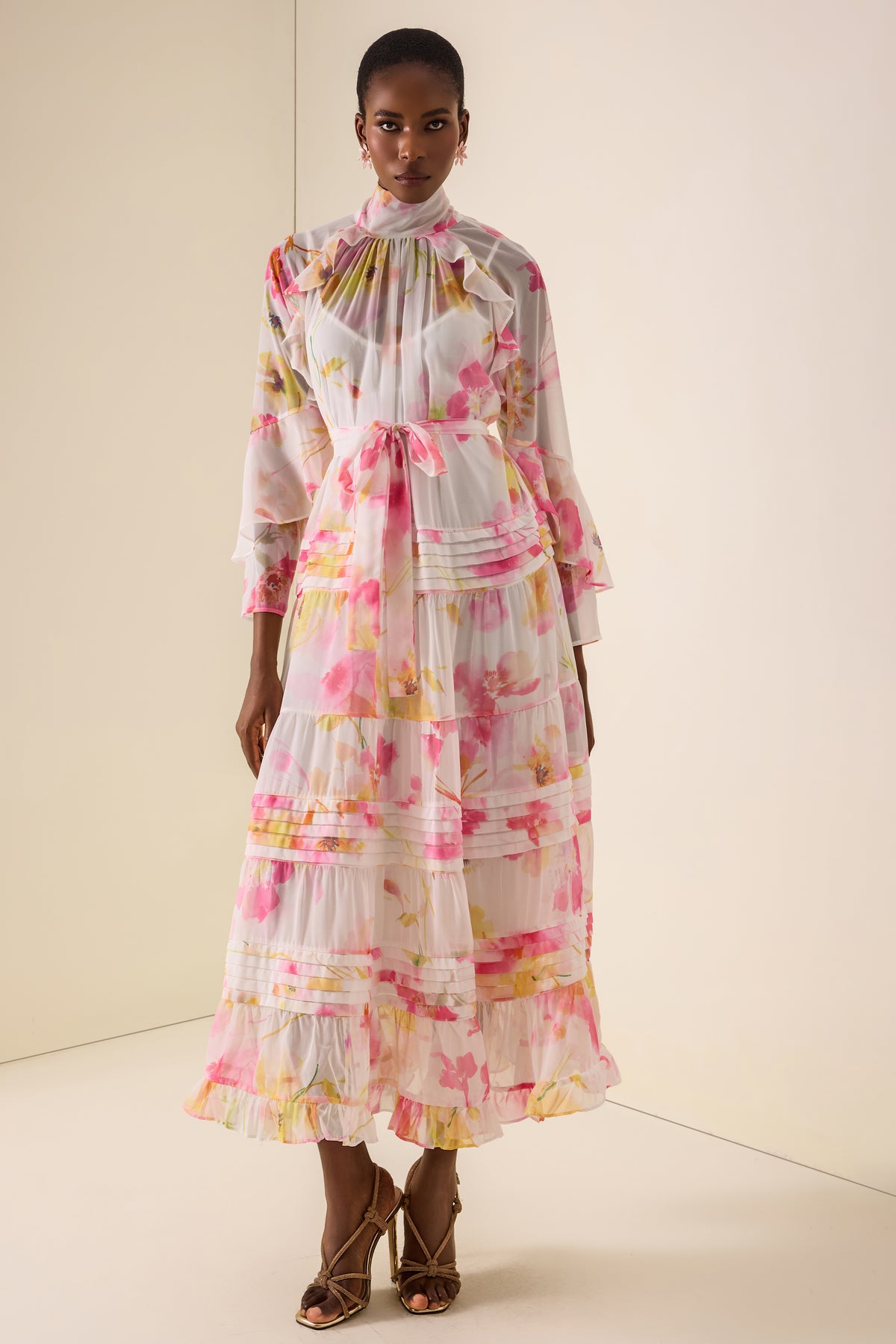 Floral Pleated Frill Midi Dress