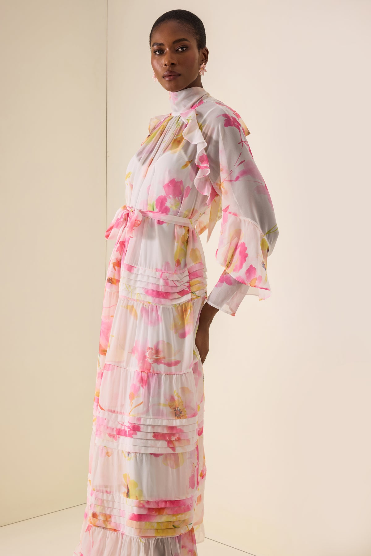 Floral Pleated Frill Midi Dress