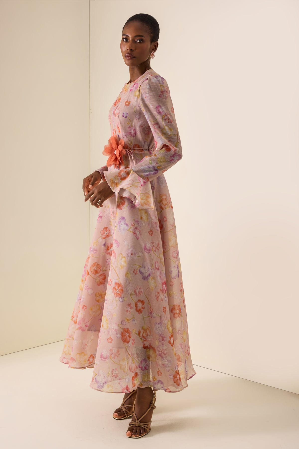 Floral Print Lace-Up Bell Sleeve Midi Dress