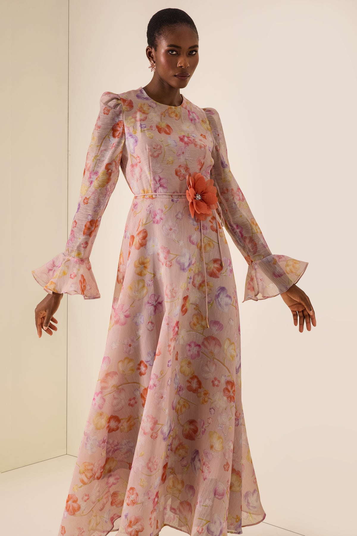 Floral Print Lace-Up Bell Sleeve Midi Dress