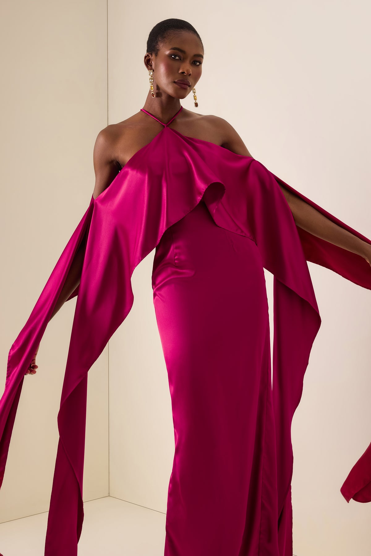 Satin Ruffle Halter Neck Maxi Dress