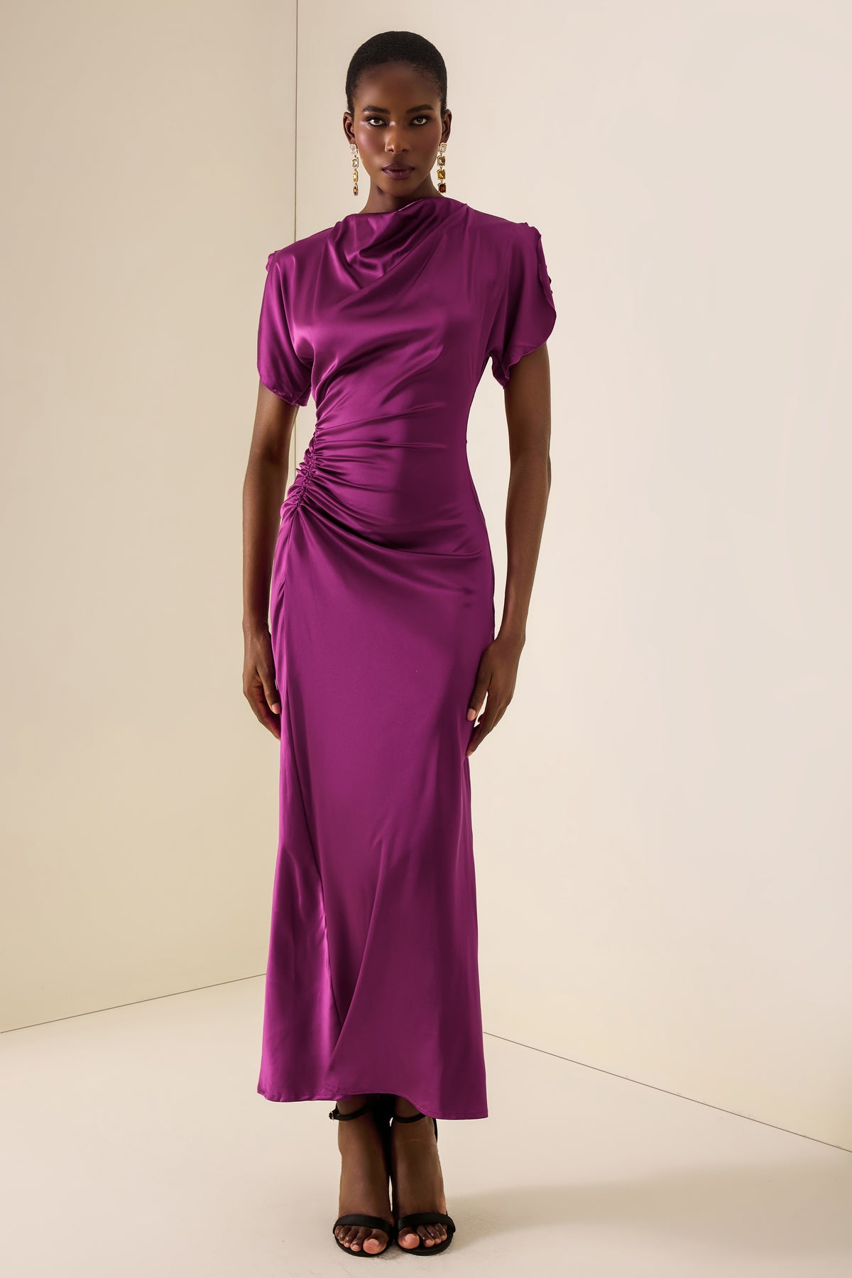 Satin Solid Ruched Maxi Dress