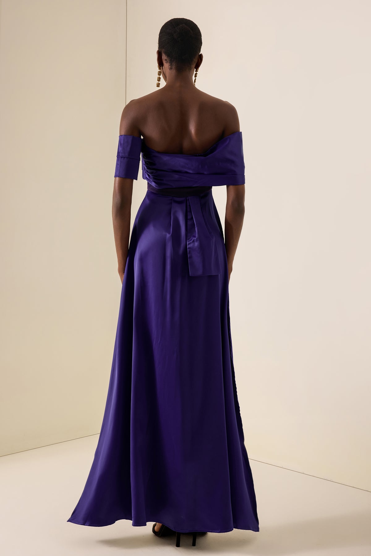 Satin Off Shoulder Pleated Maxi Dress