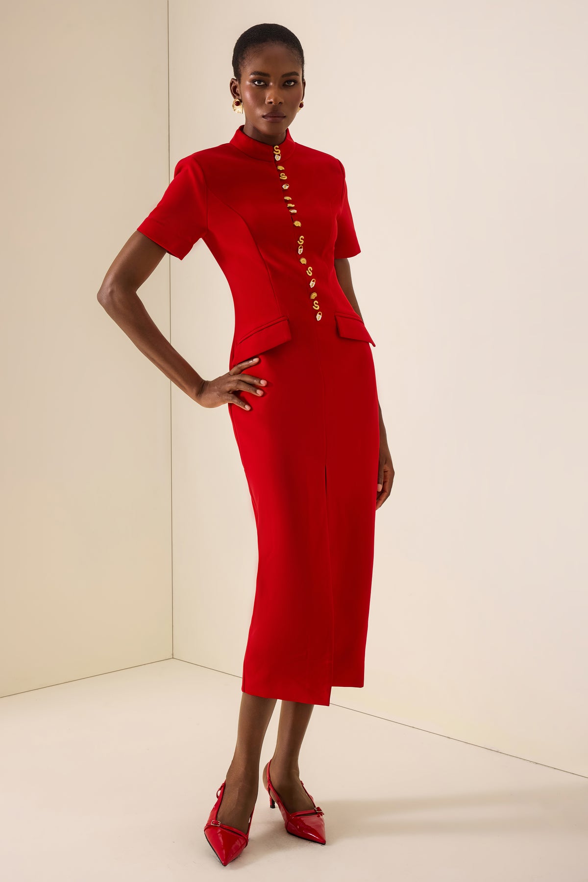 Stand Collar Metal Button Slit Midi Dress