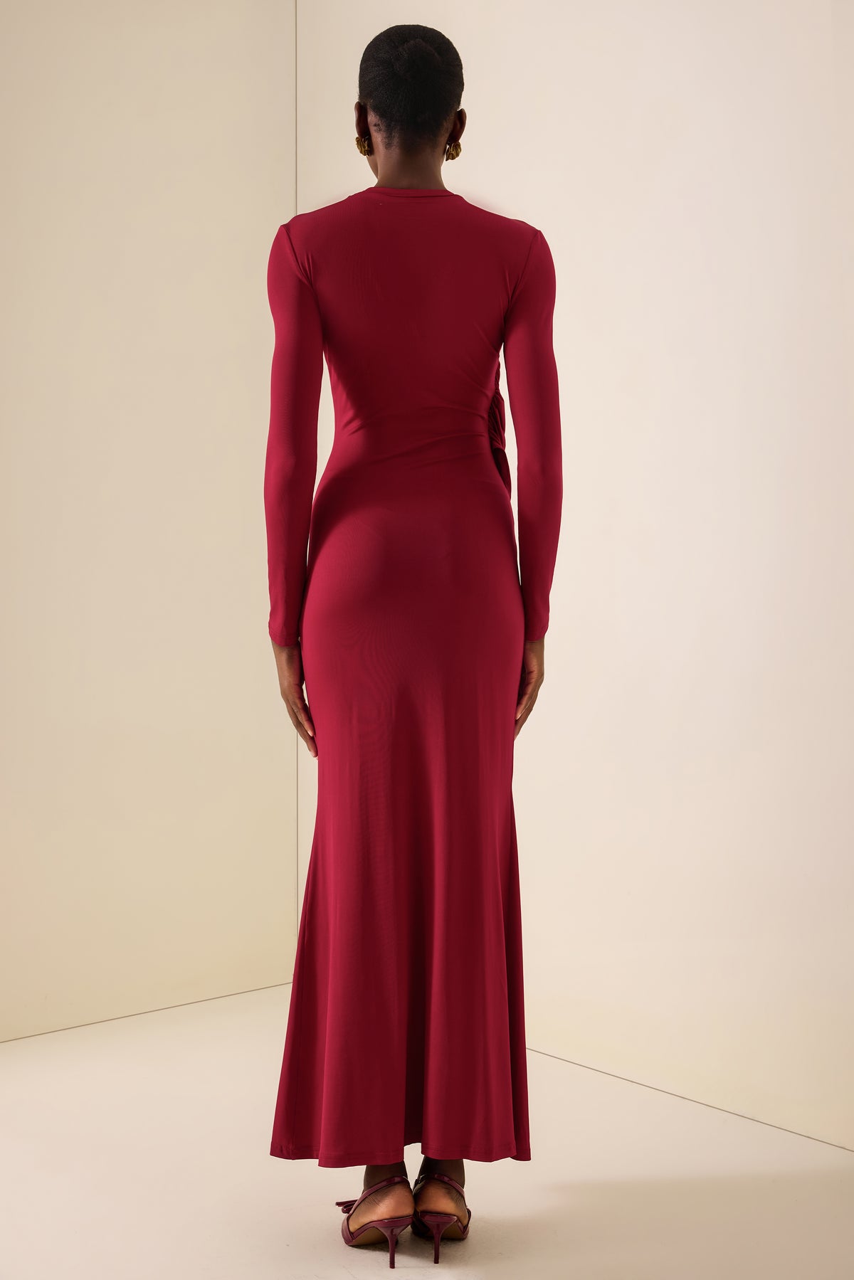 Gathering Knotted Long Sleeve Maxi Dress