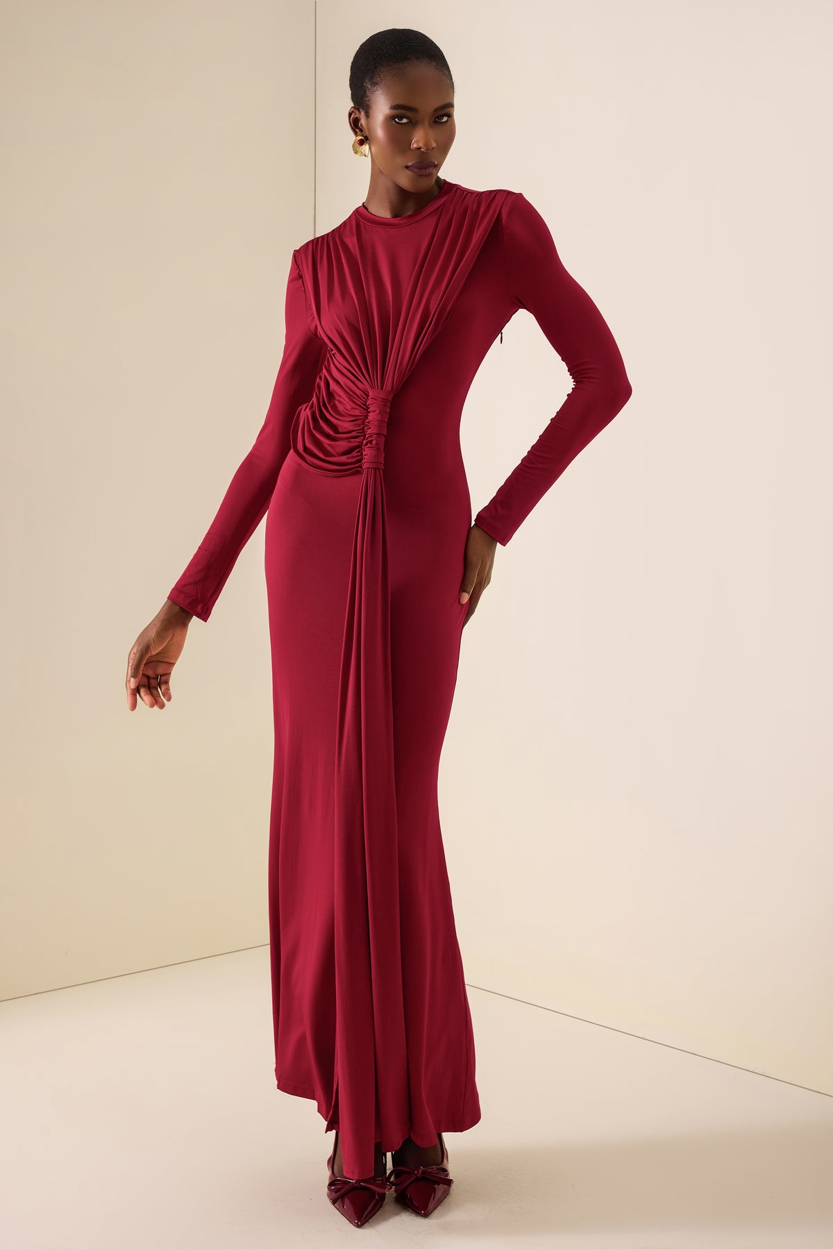 Gathering Knotted Long Sleeve Maxi Dress