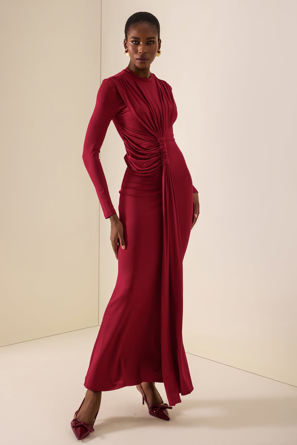 Gathering Knotted Long Sleeve Maxi Dress