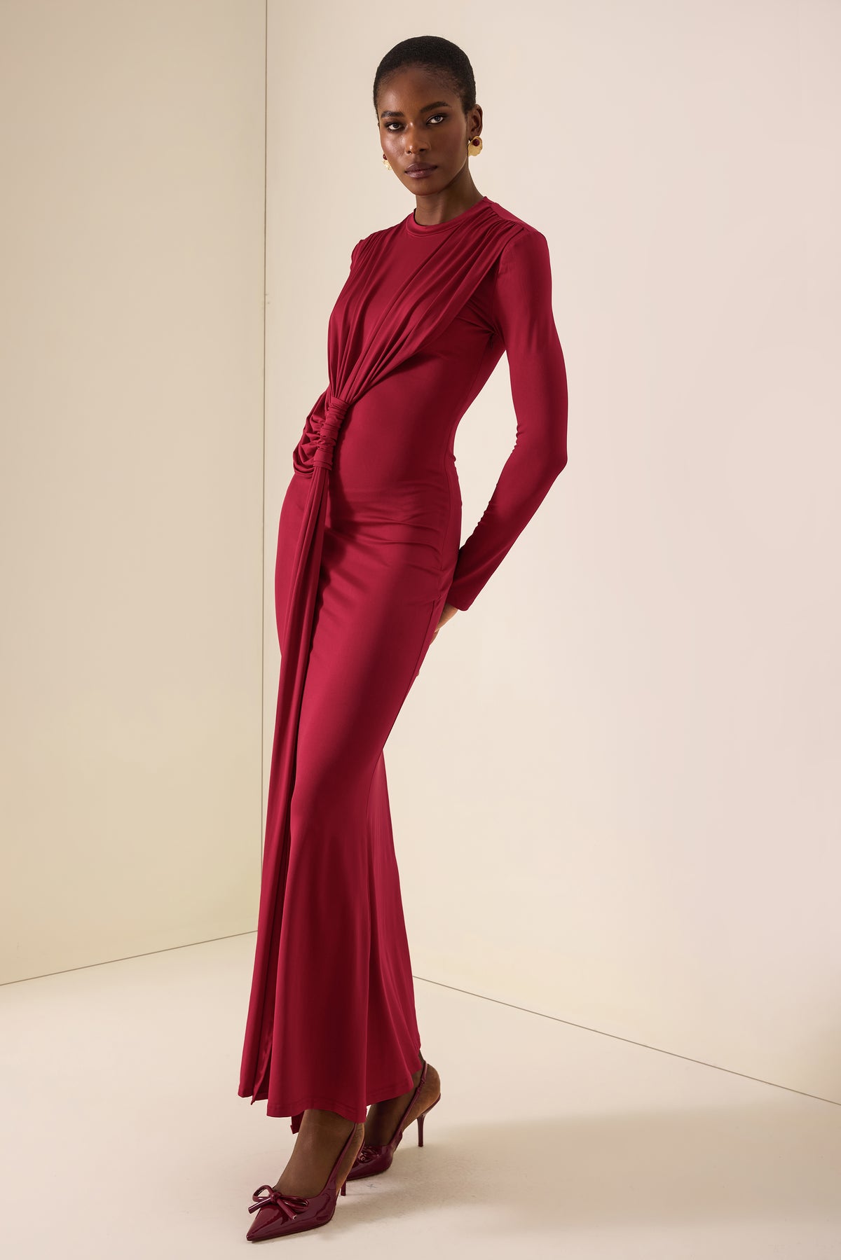 Gathering Knotted Long Sleeve Maxi Dress