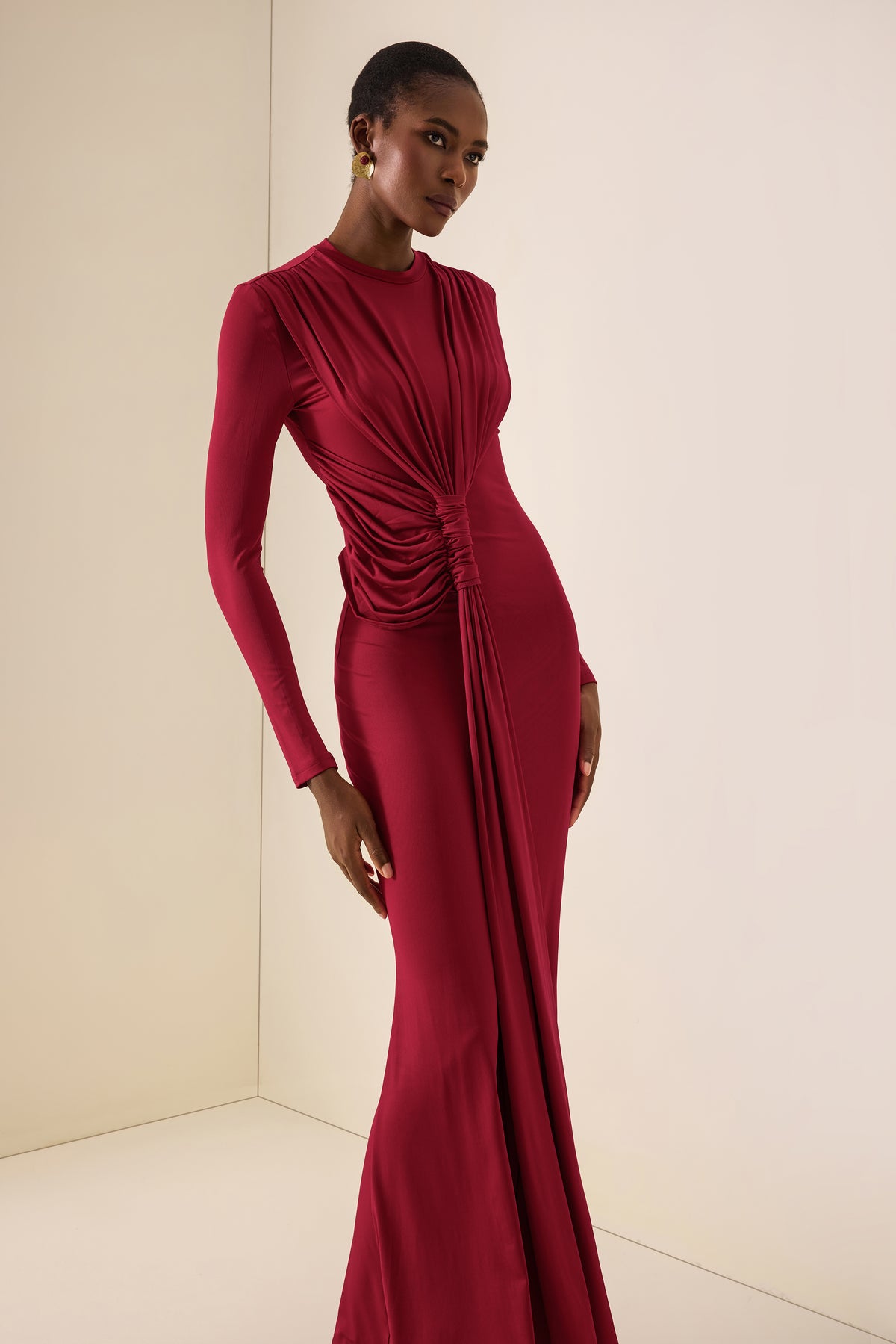Gathering Knotted Long Sleeve Maxi Dress