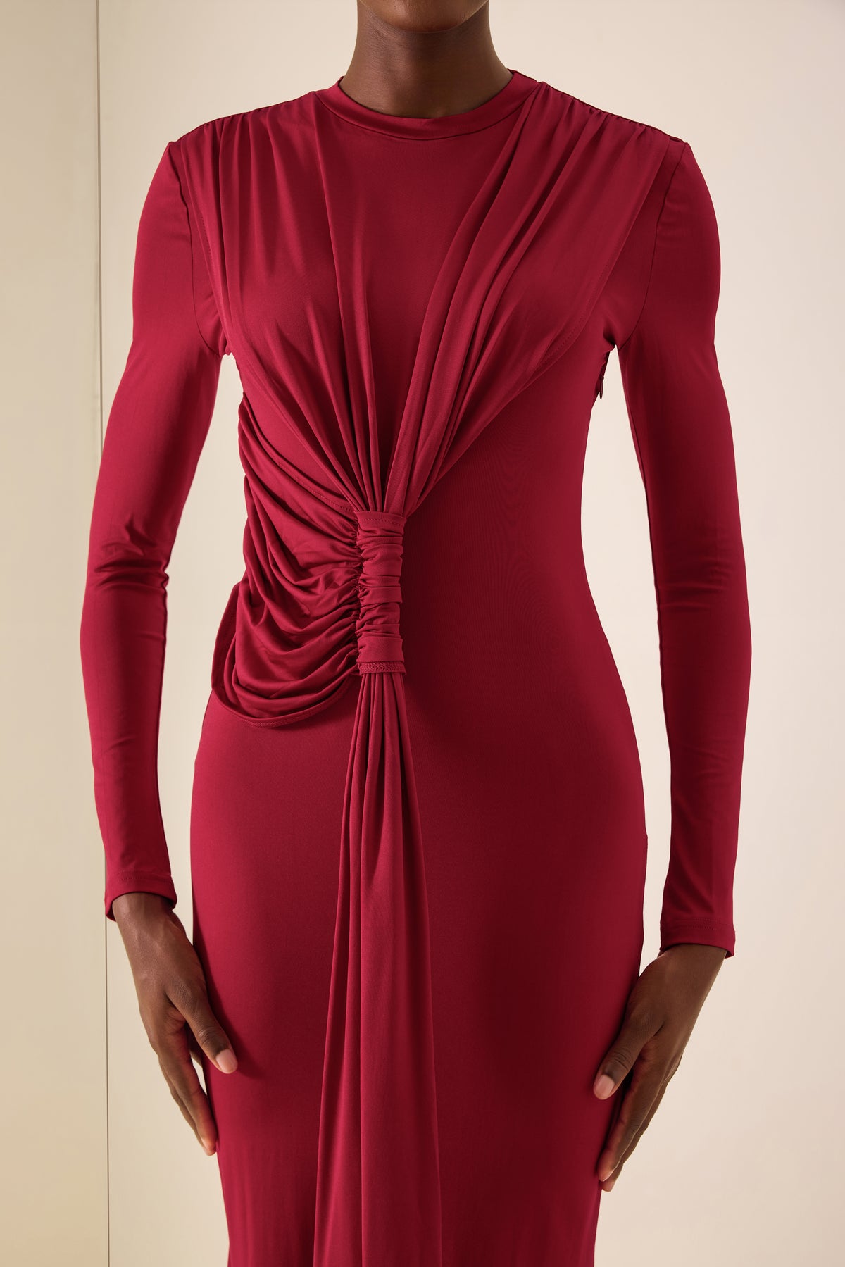 Gathering Knotted Long Sleeve Maxi Dress