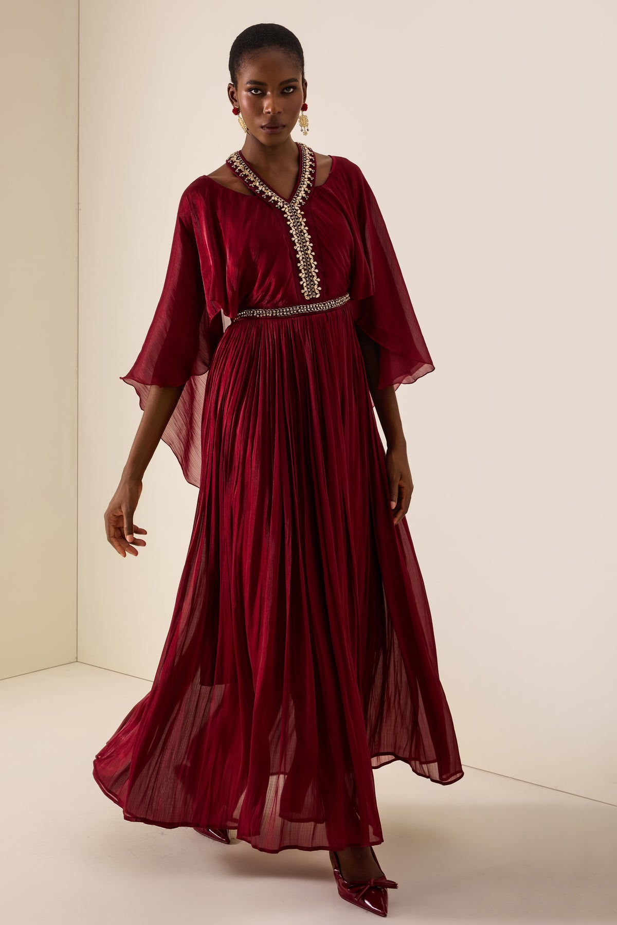 Rhinestone Rivets Cape Sleeve Midi Dress