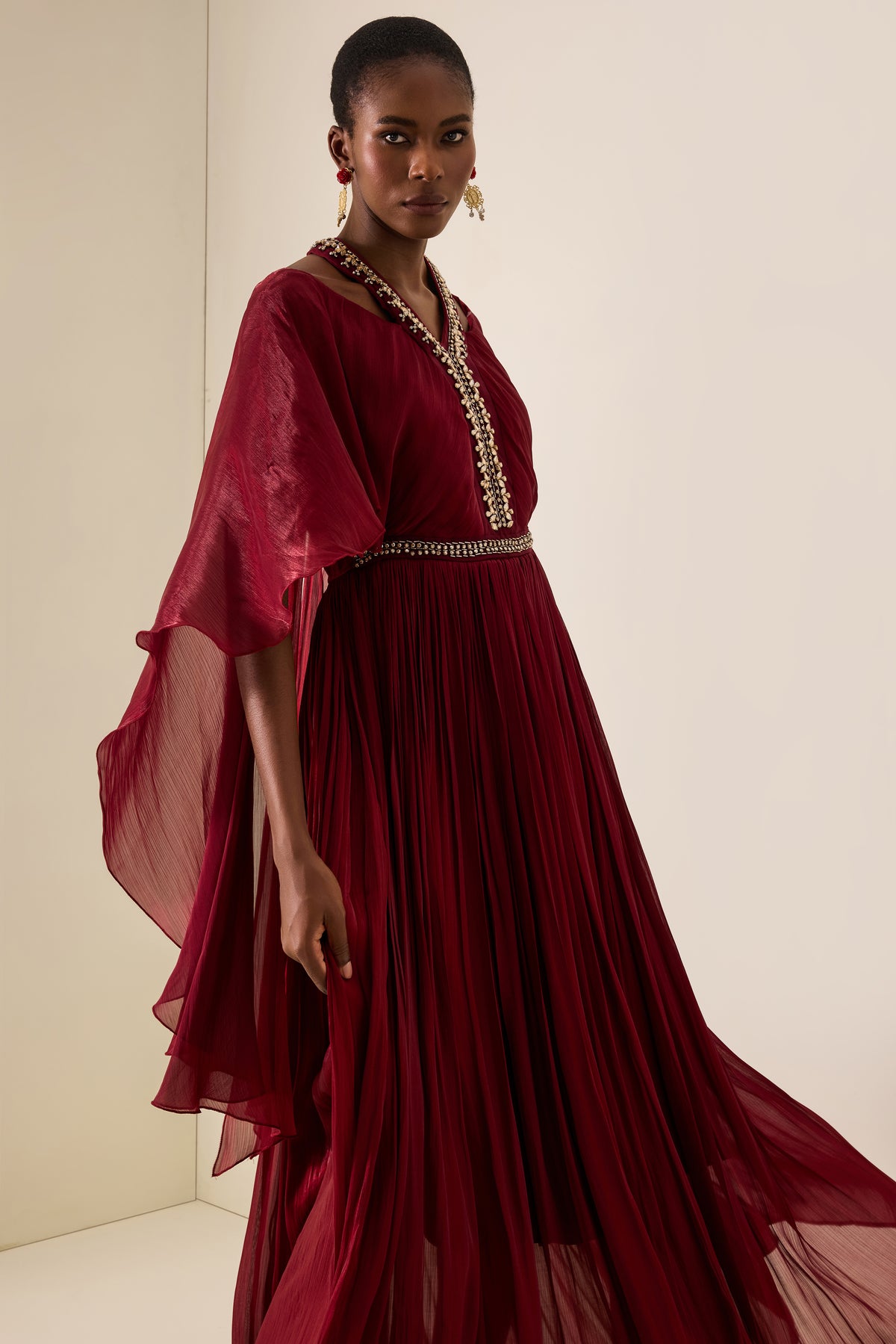 Rhinestone Rivets Cape Sleeve Midi Dress