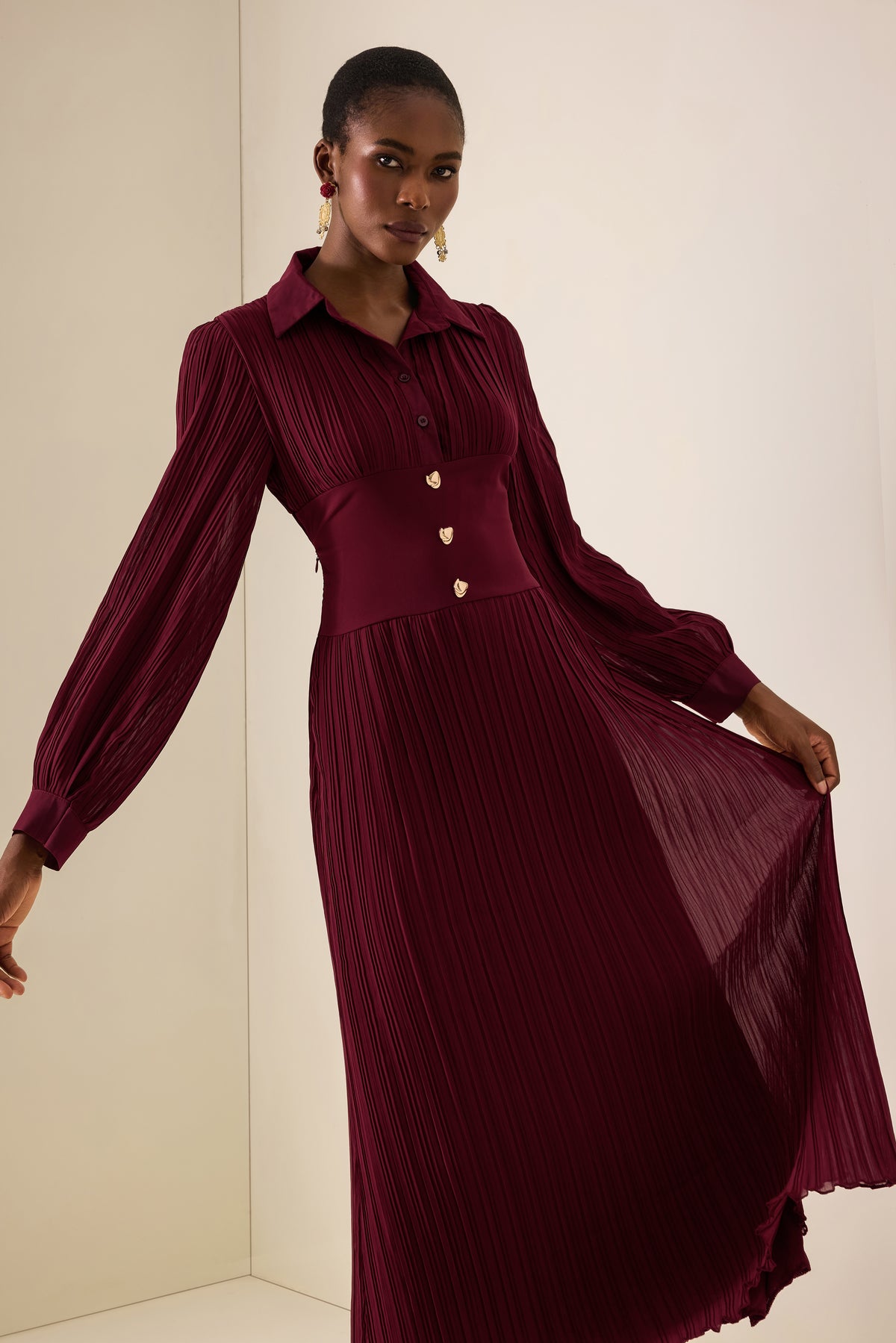 Pleat Long Sleeve Midi Dress